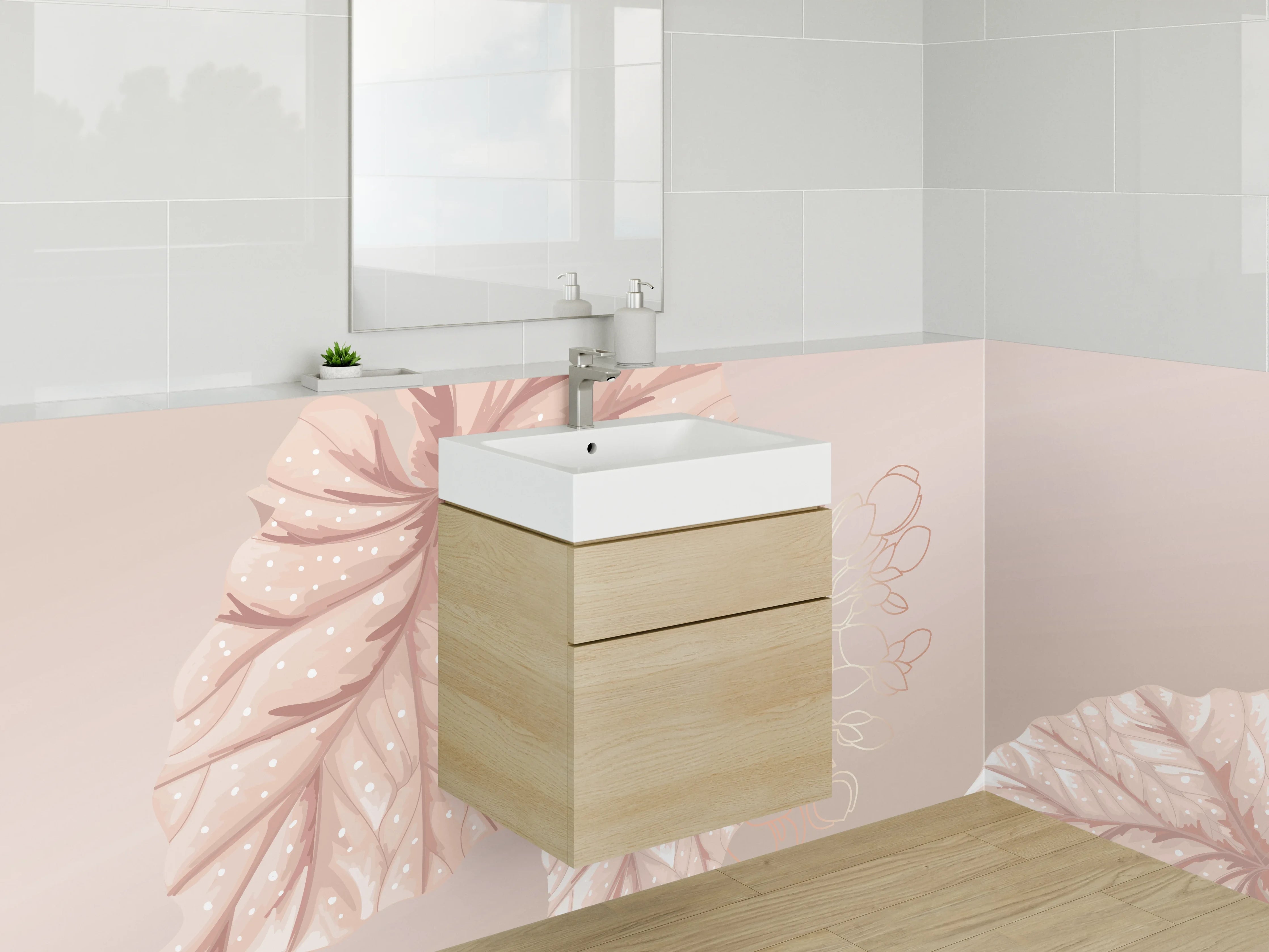 Waschbecken-Rückwand - Elegante Blätter Illustration Beige Rosa