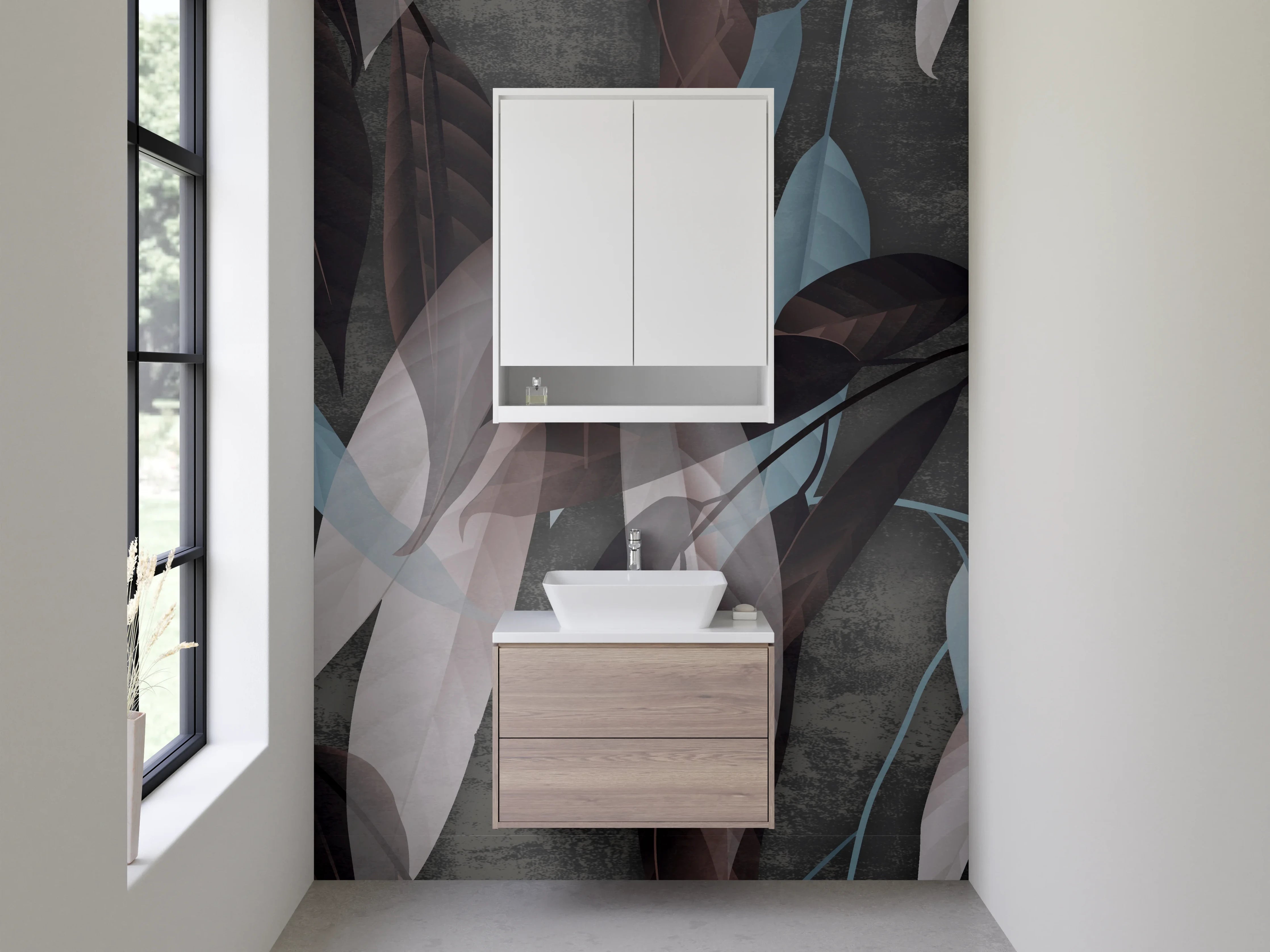 Waschbecken-Rückwand - Elegante Blätter in Braun und Blau