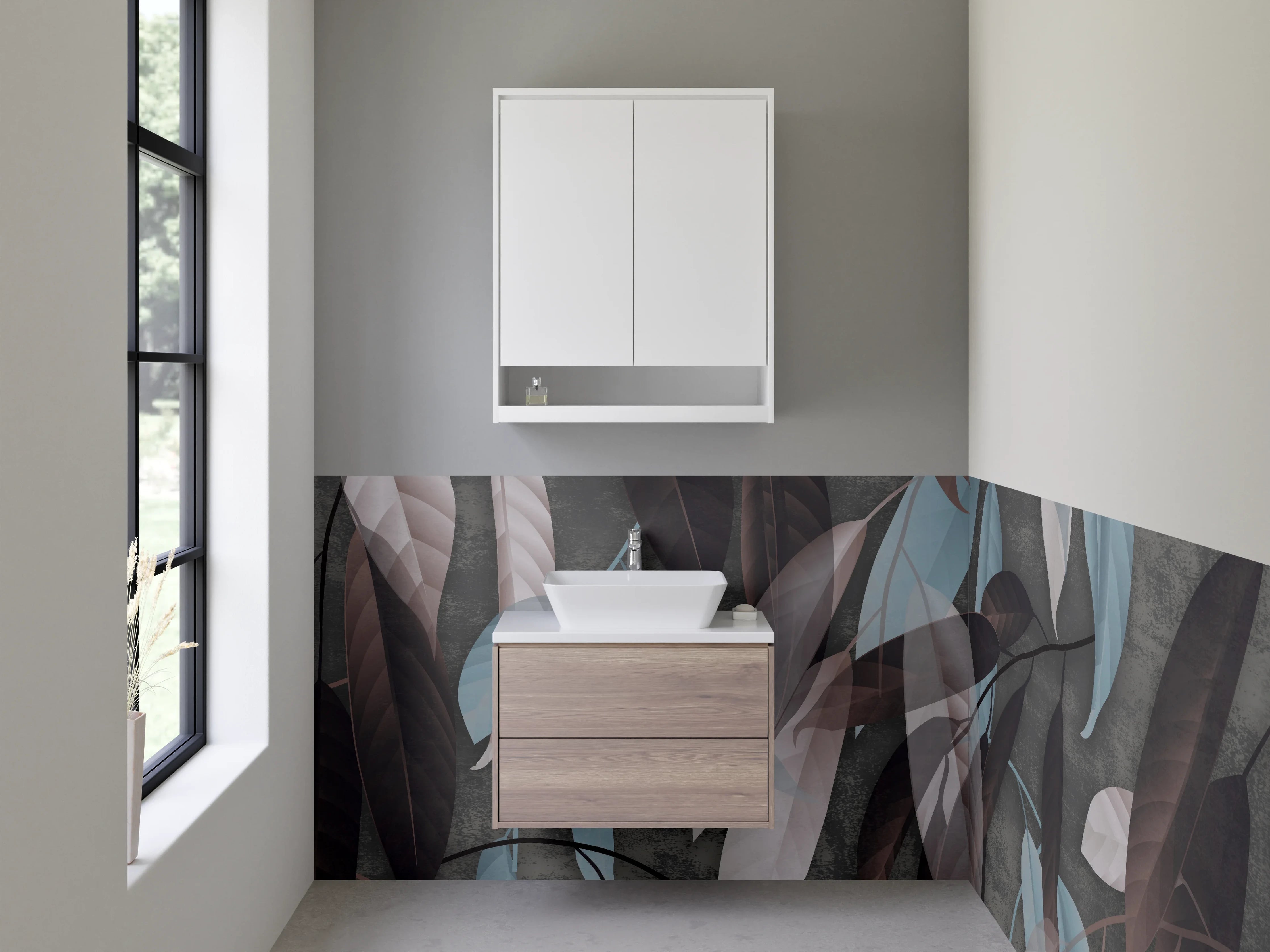 Waschbecken-Rückwand - Elegante Blätter in Braun und Blau