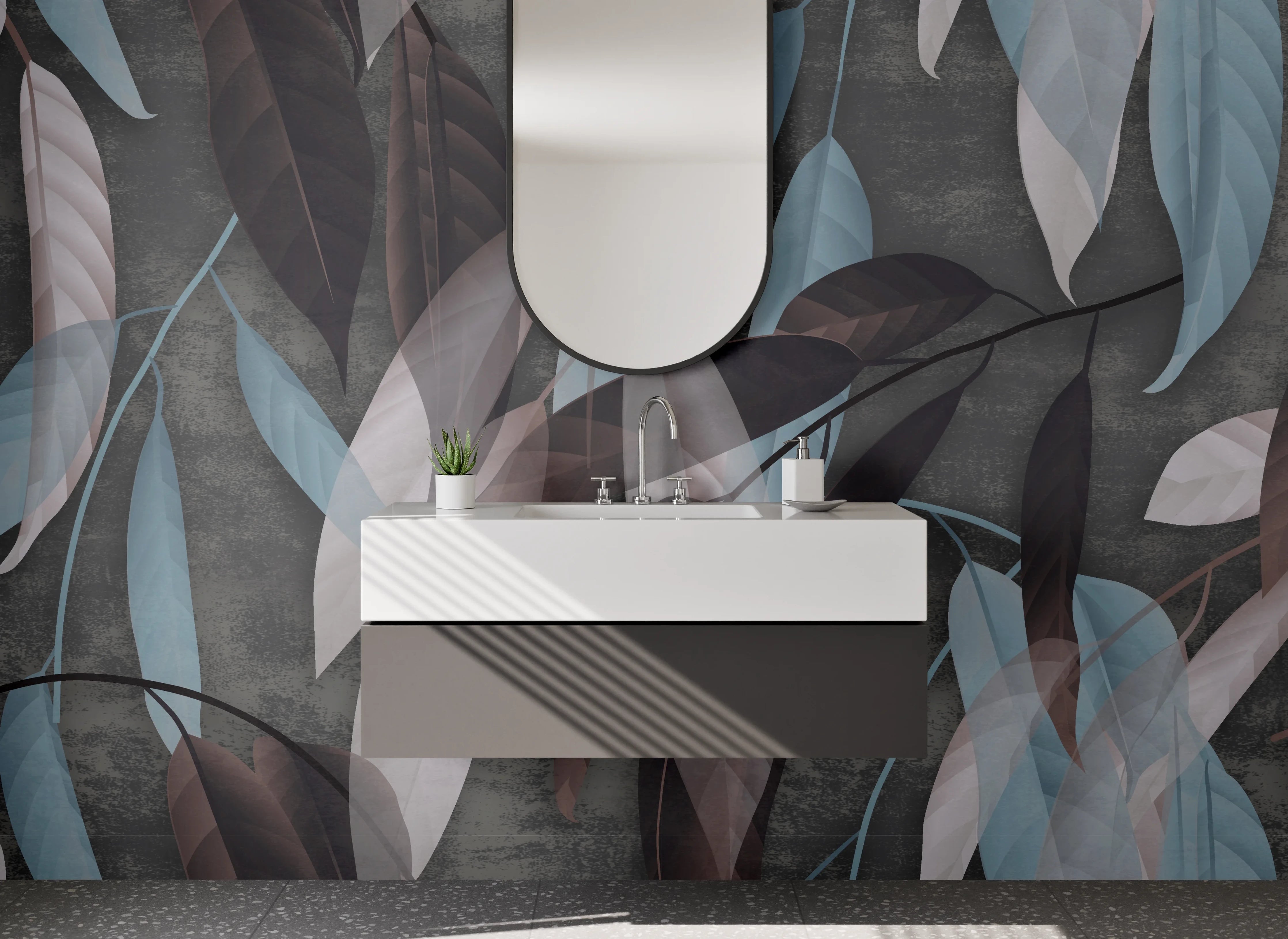 Waschbecken-Rückwand - Elegante Blätter in Braun und Blau