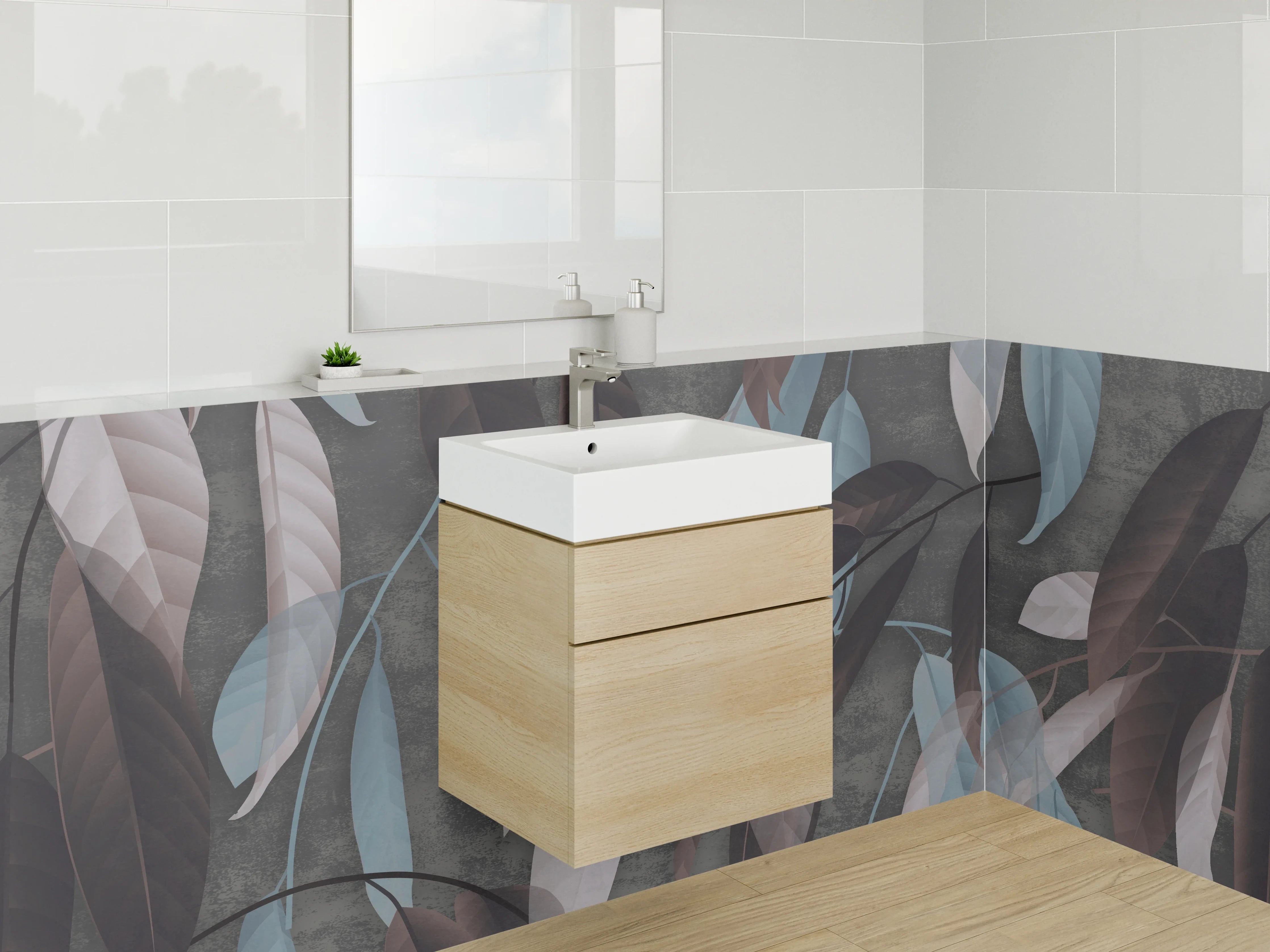 Waschbecken-Rückwand - Elegante Blätter in Braun und Blau