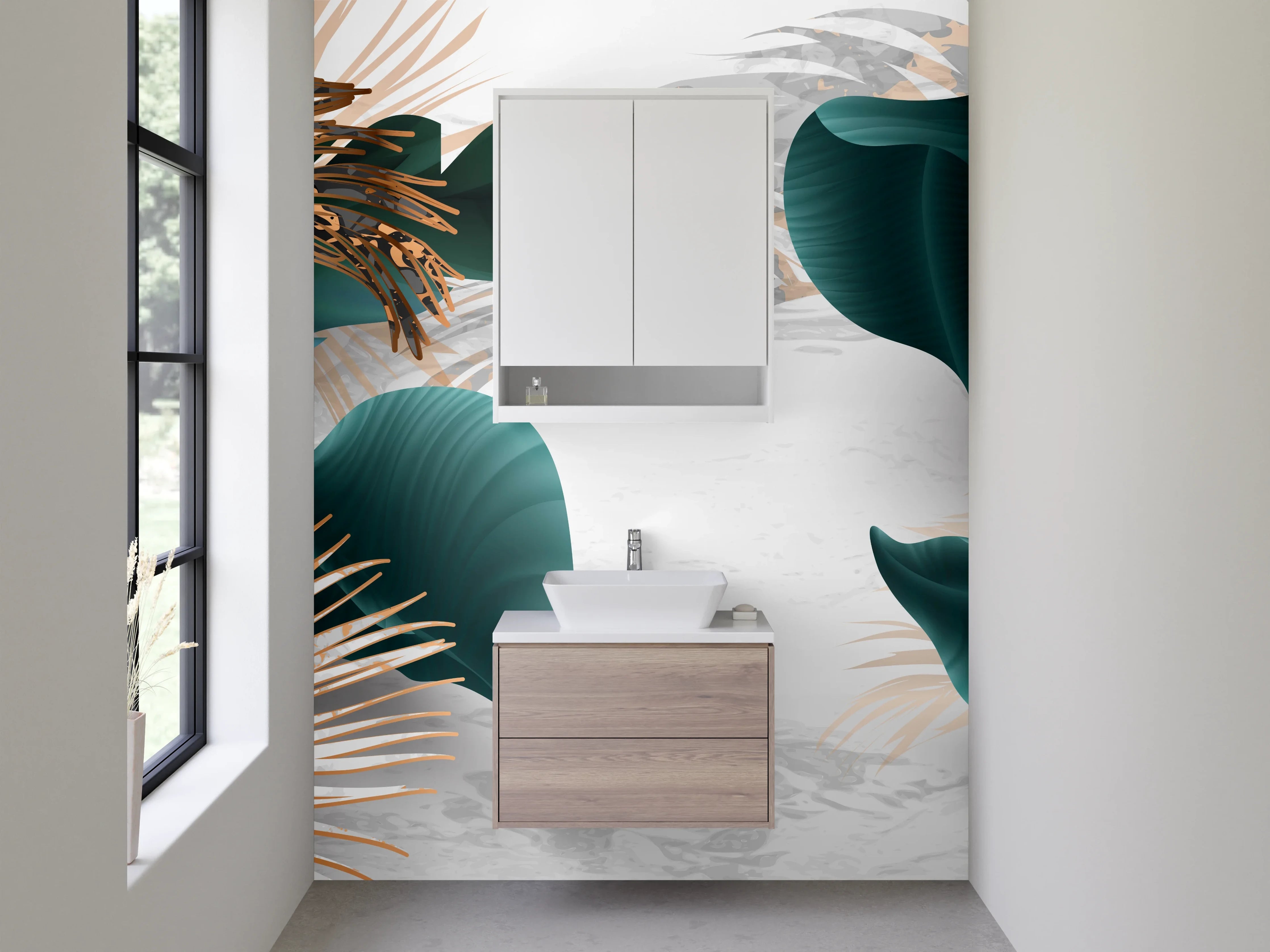 Waschbecken-Rückwand - Elegante Blätter mit Goldakzenten
