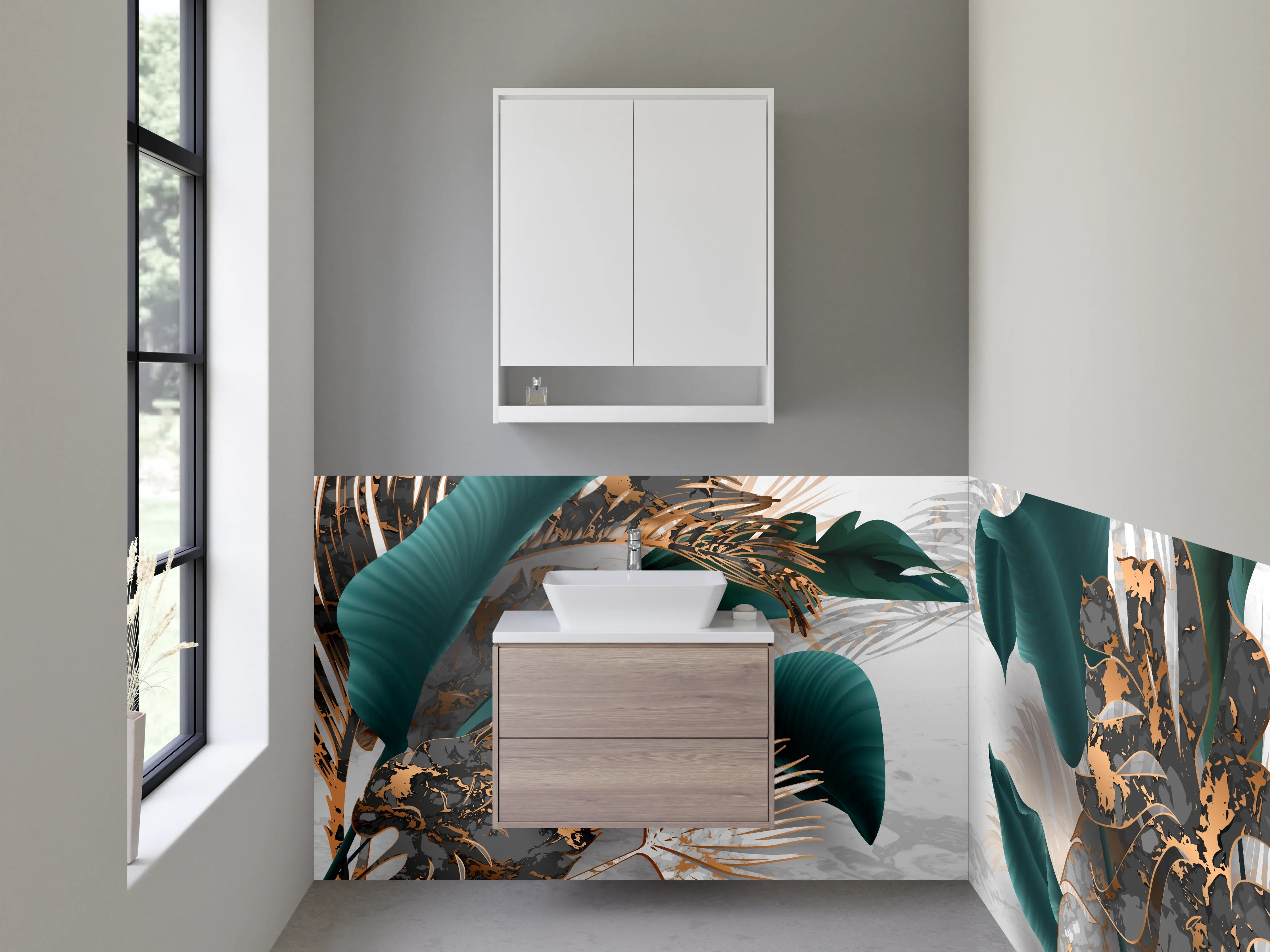Waschbecken-Rückwand - Elegante Blätter mit Goldakzenten