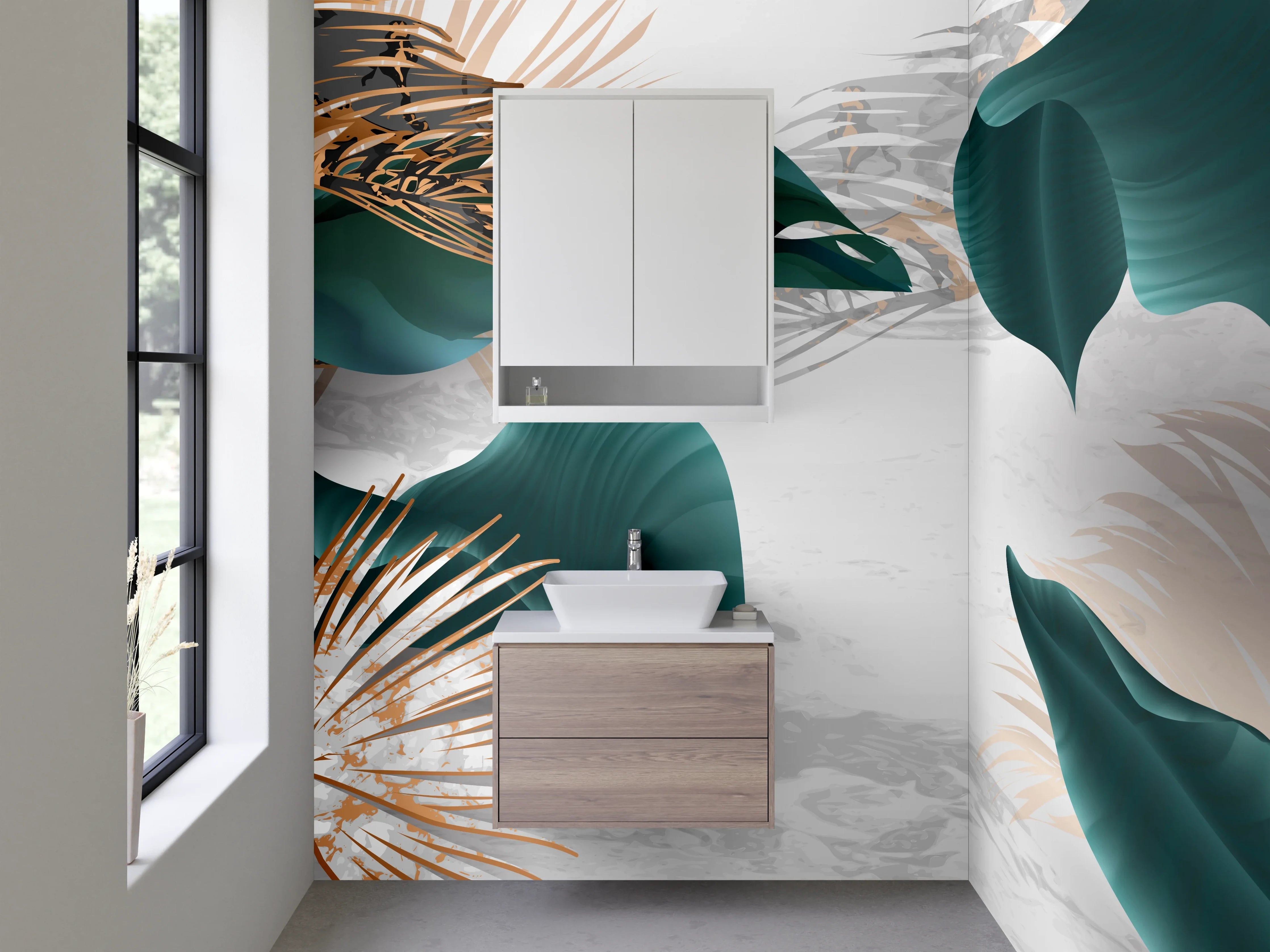 Waschbecken-Rückwand - Elegante Blätter mit Goldakzenten