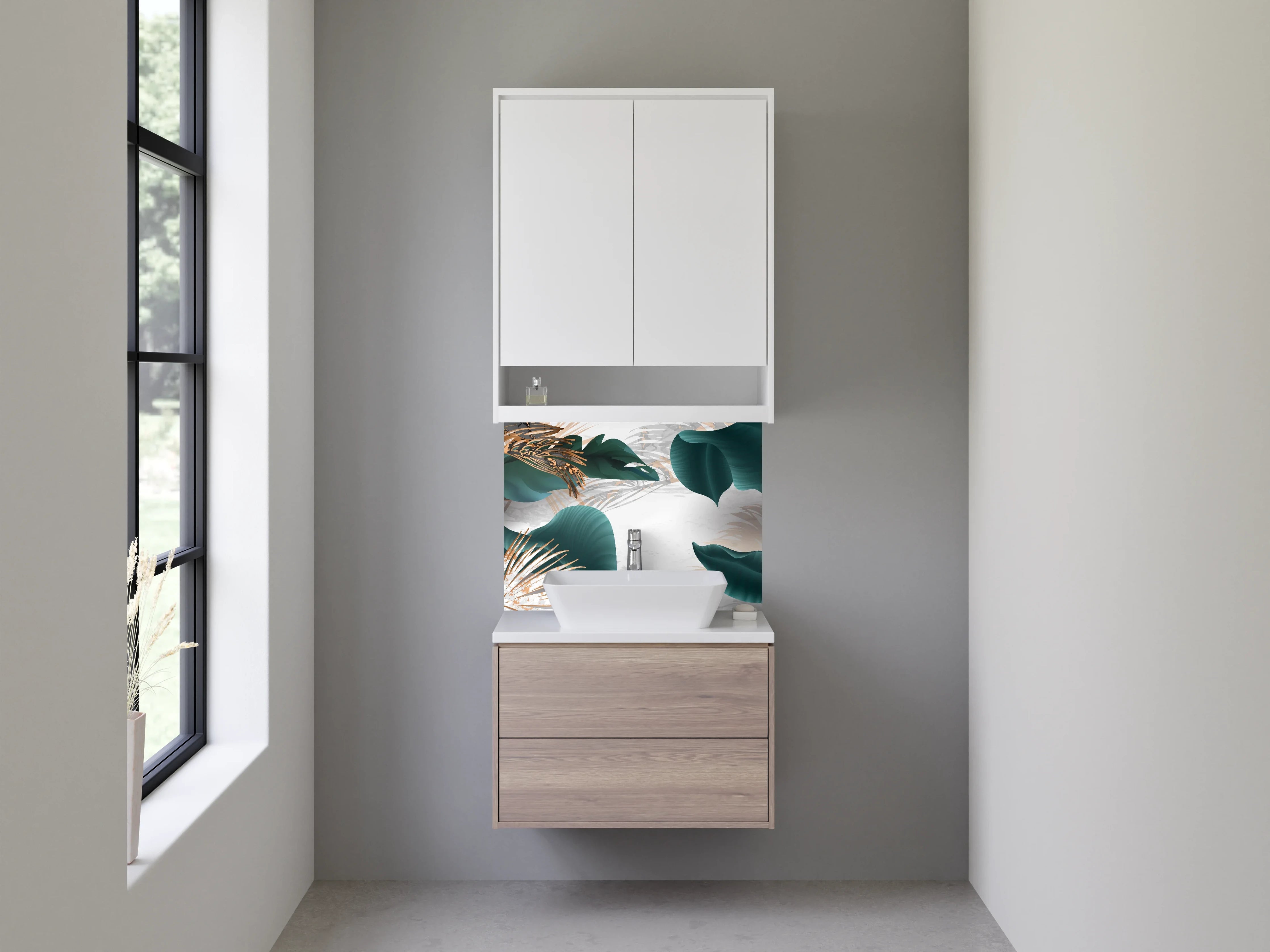 Waschbecken-Rückwand - Elegante Blätter mit Goldakzenten