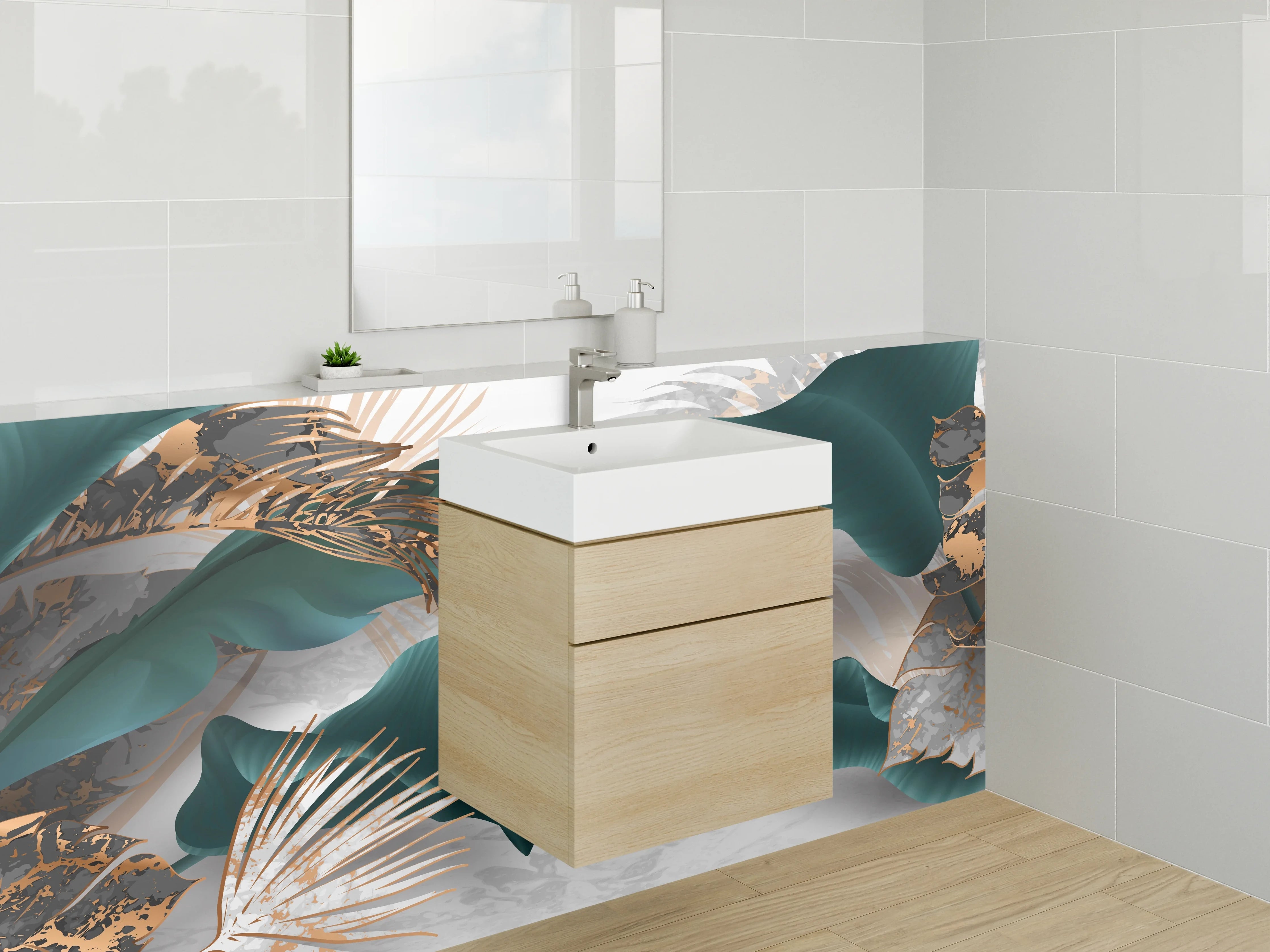 Waschbecken-Rückwand - Elegante Blätter mit Goldakzenten