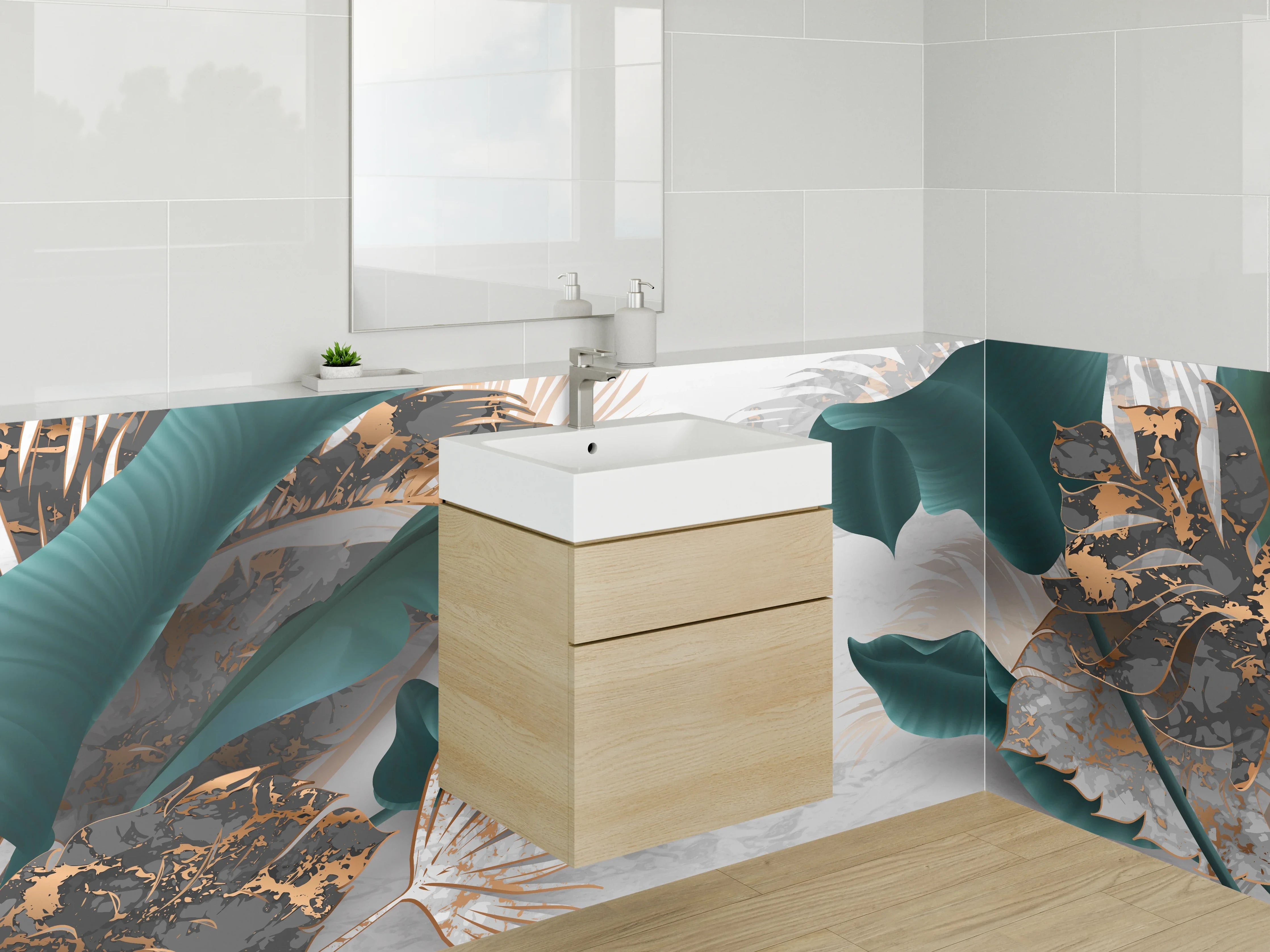 Waschbecken-Rückwand - Elegante Blätter mit Goldakzenten