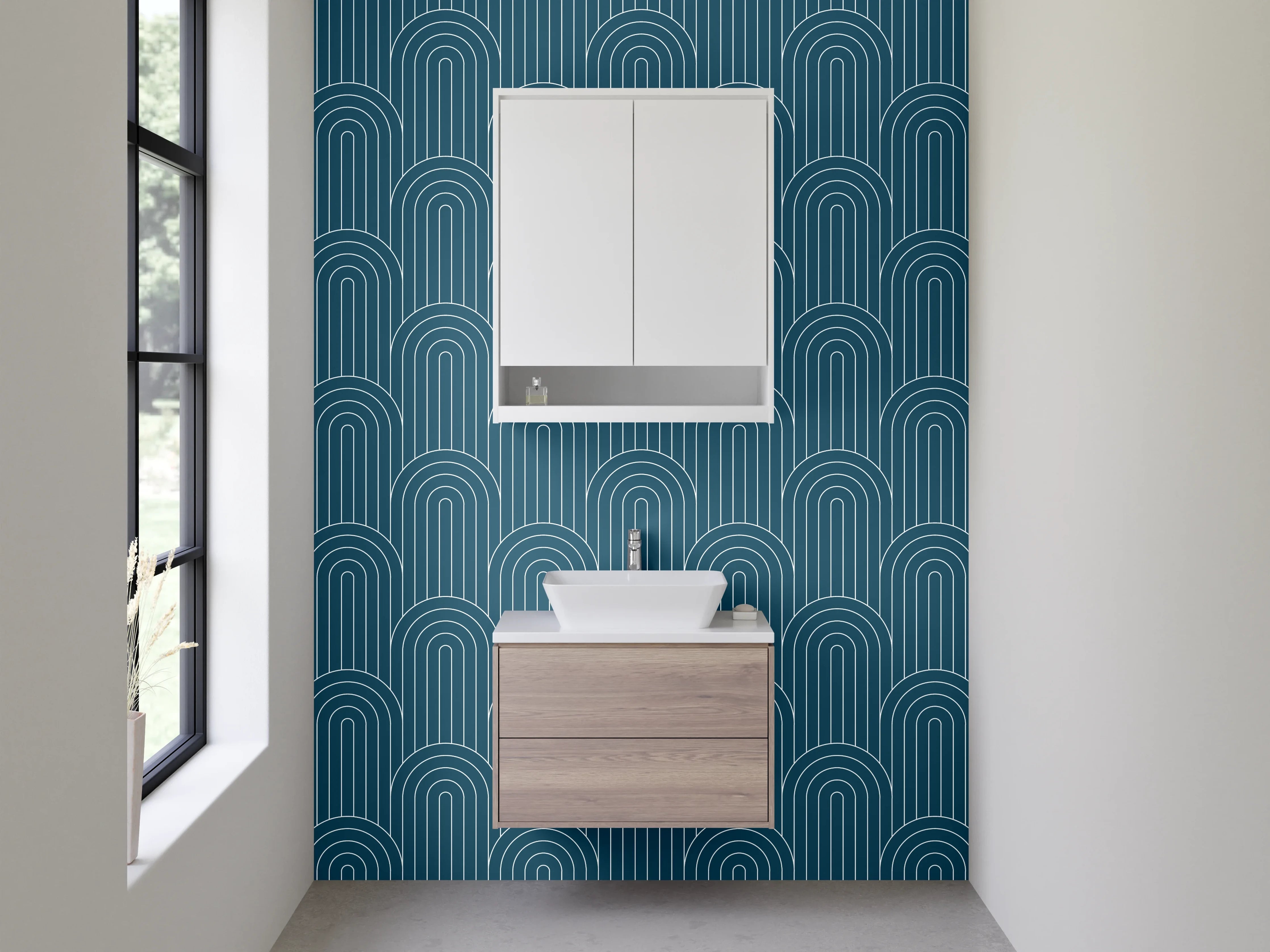 Waschbecken-Rückwand - Elegante Blautöne mit grauweißem Dekor