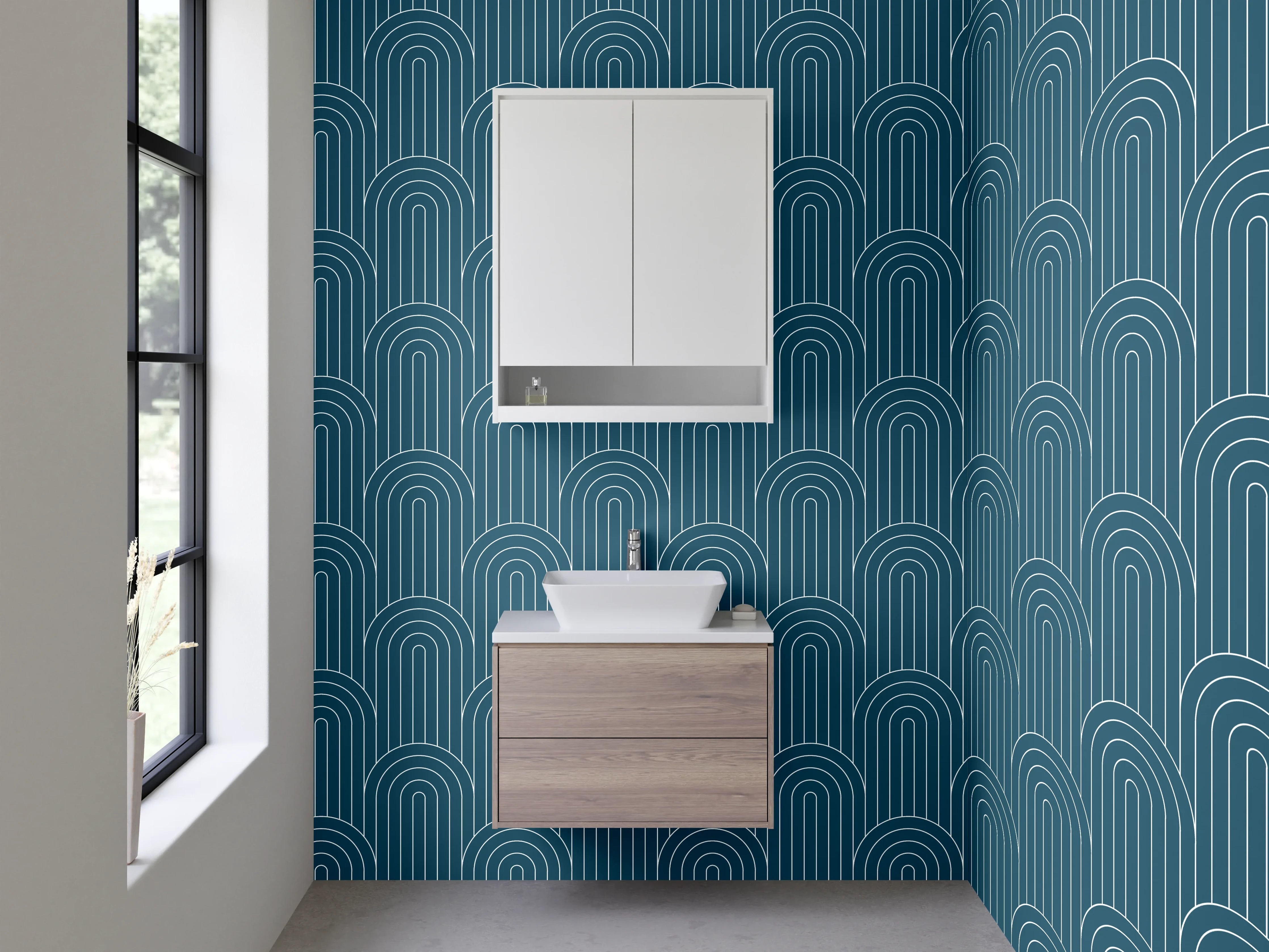 Waschbecken-Rückwand - Elegante Blautöne mit grauweißem Dekor