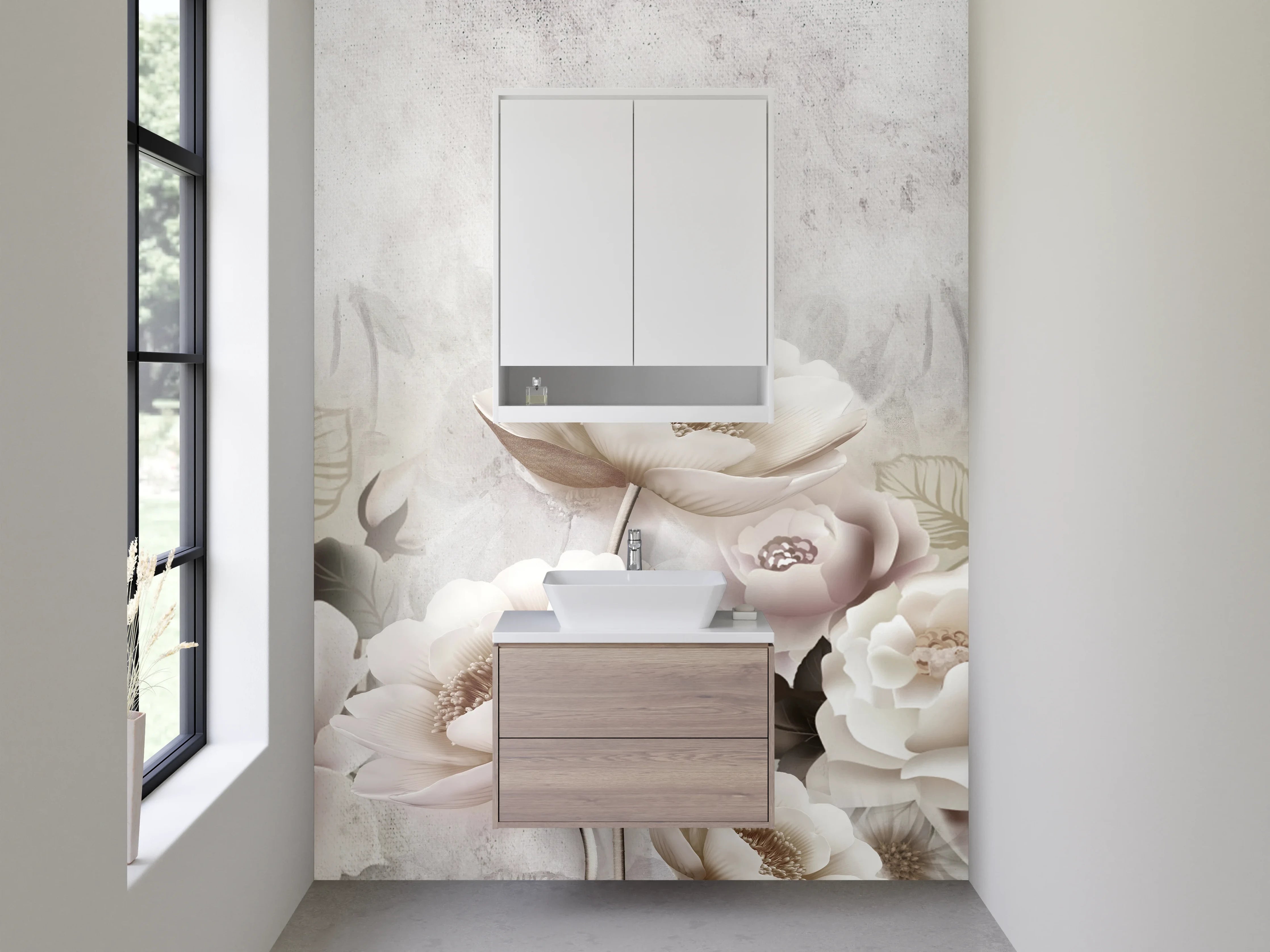 Waschbecken-Rückwand - Elegante Blumen in Weiß und Beige