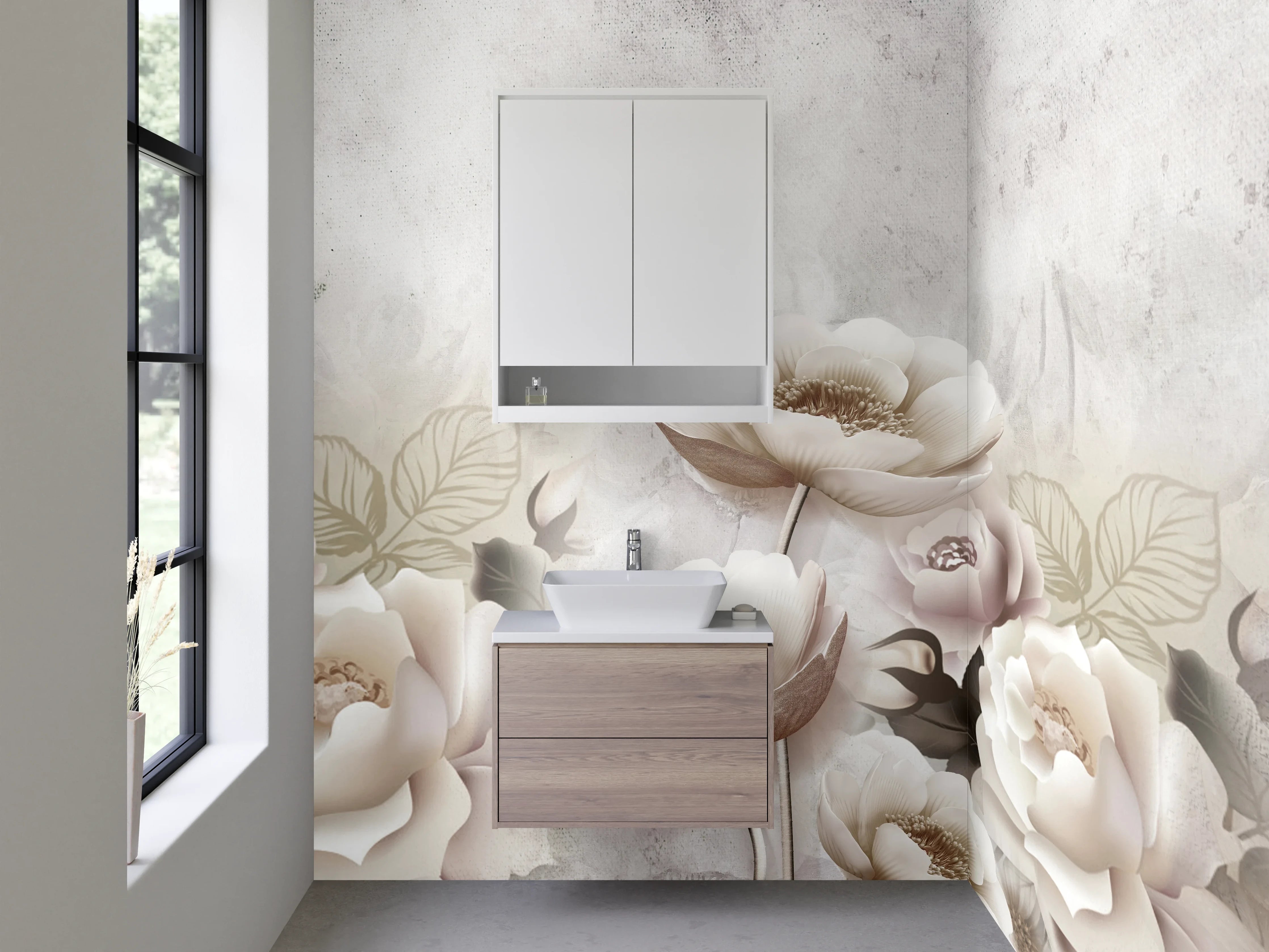 Waschbecken-Rückwand - Elegante Blumen in Weiß und Beige