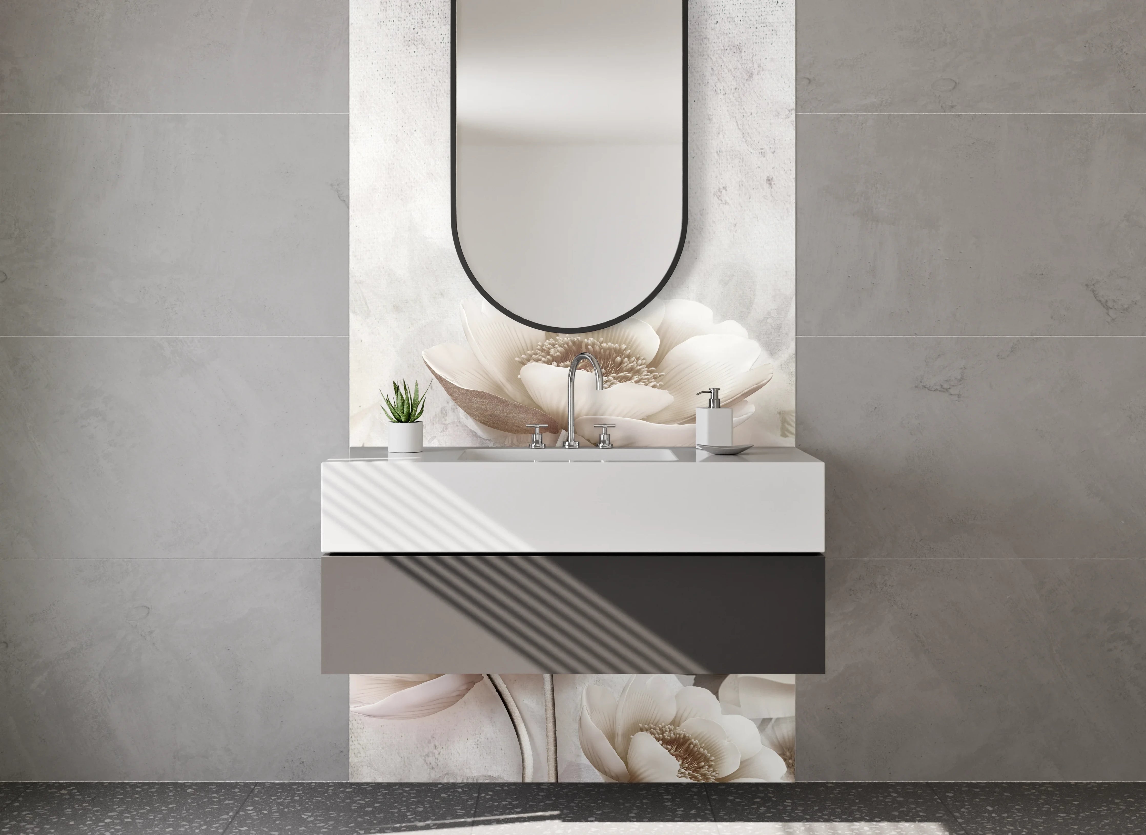 Waschbecken-Rückwand - Elegante Blumen in Weiß und Beige