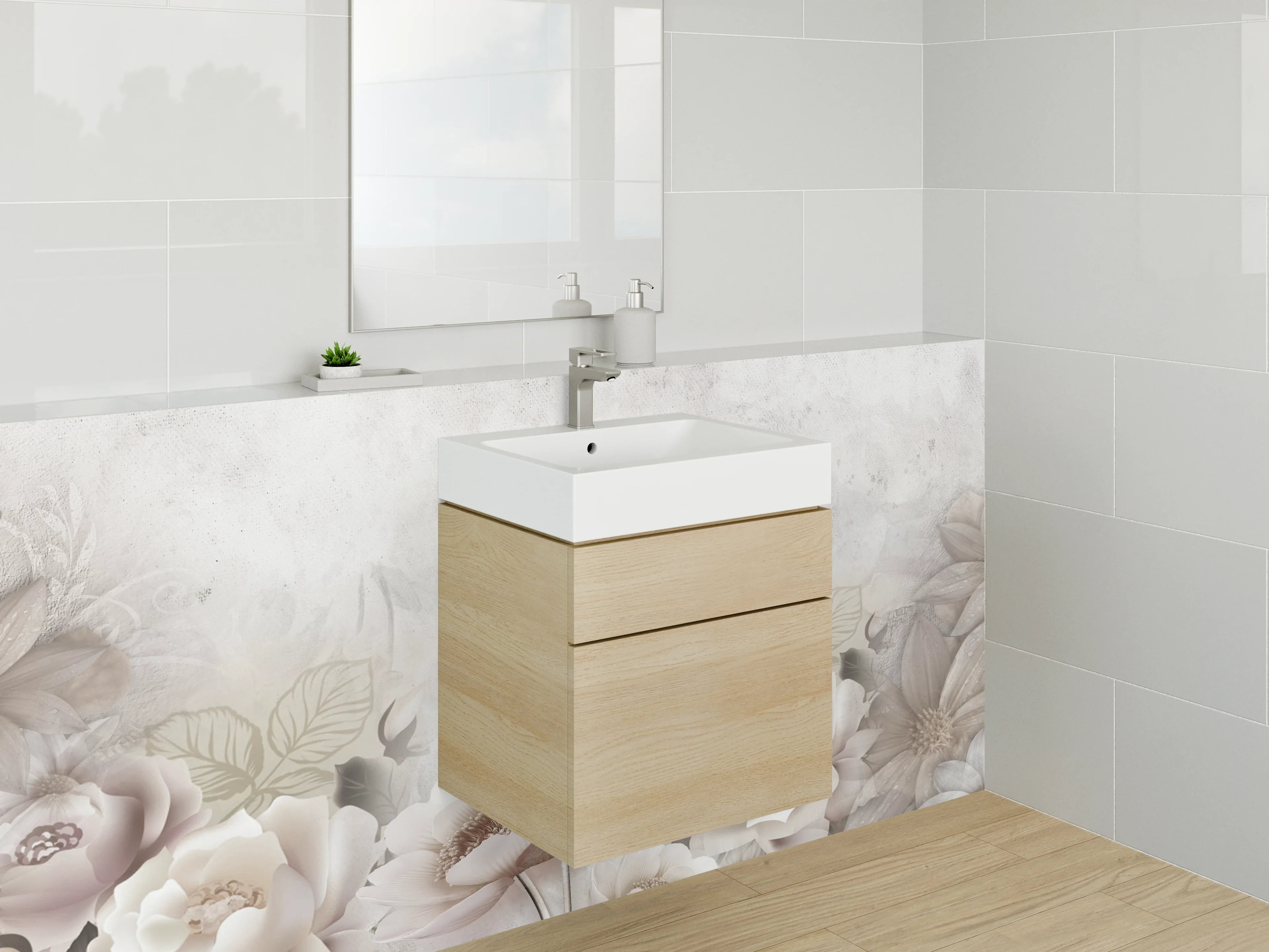 Waschbecken-Rückwand - Elegante Blumen in Weiß und Beige