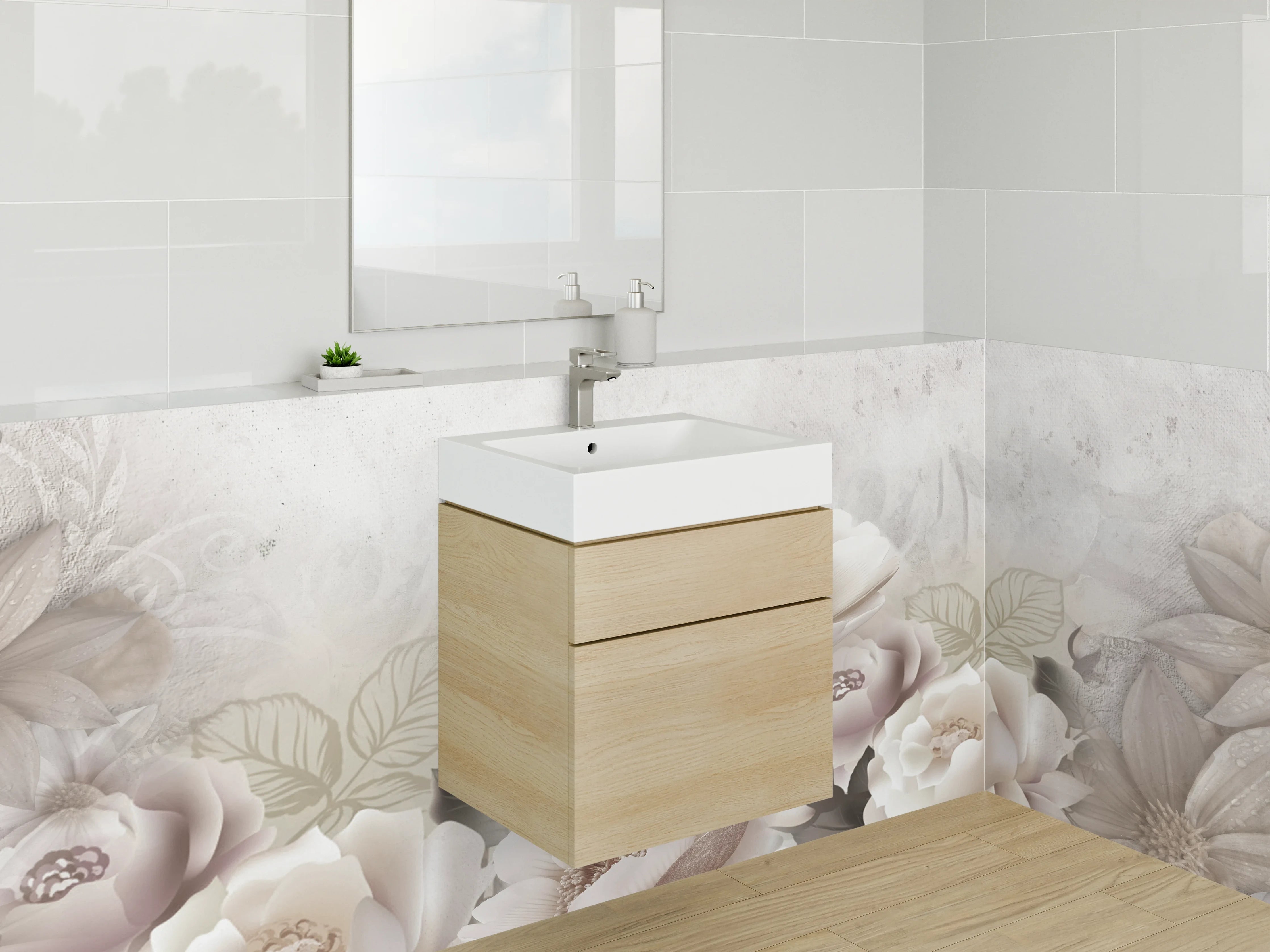 Waschbecken-Rückwand - Elegante Blumen in Weiß und Beige