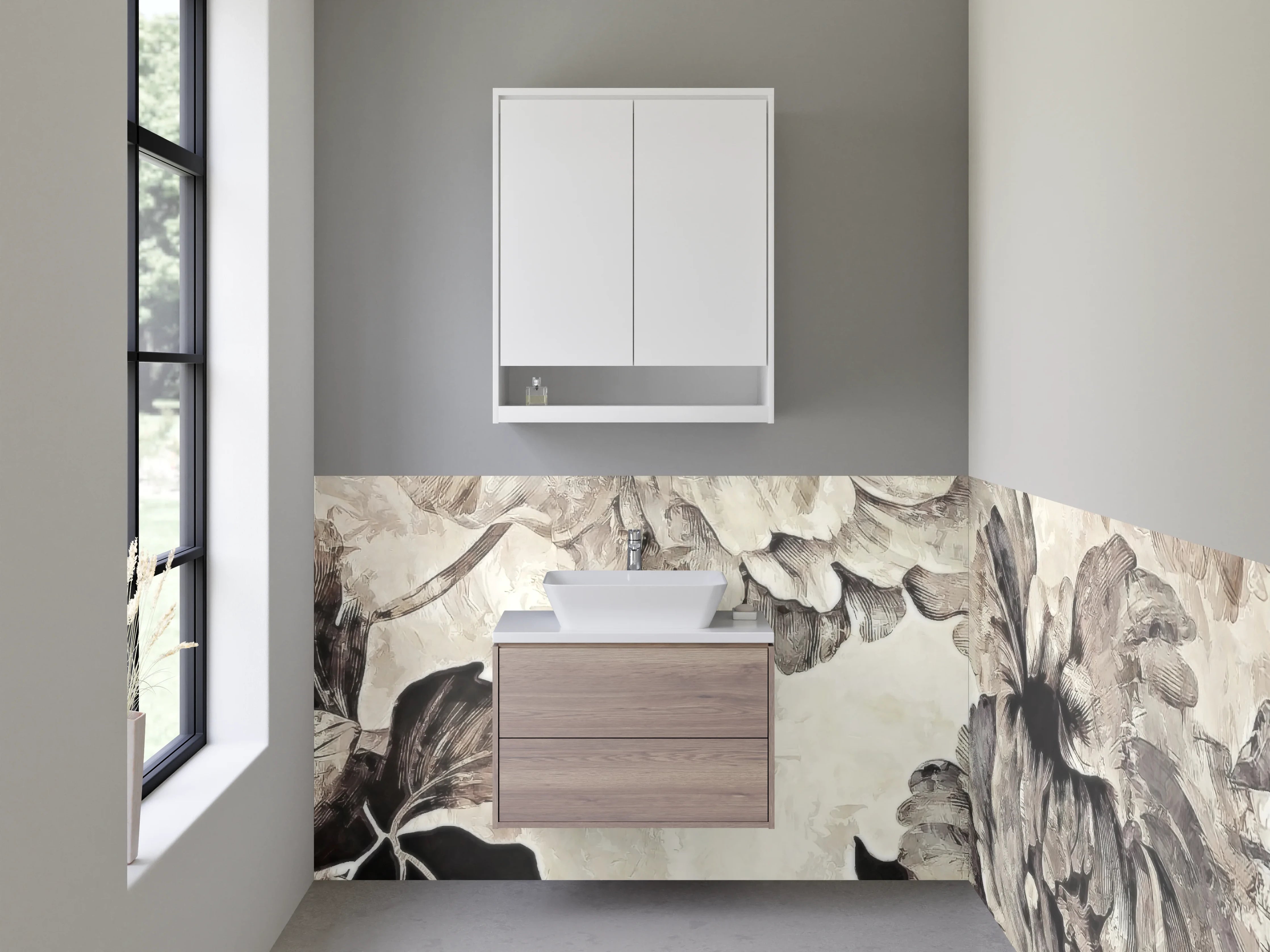 Waschbecken-Rückwand - Elegante Blumenmuster mit Grau- und Beigetönen