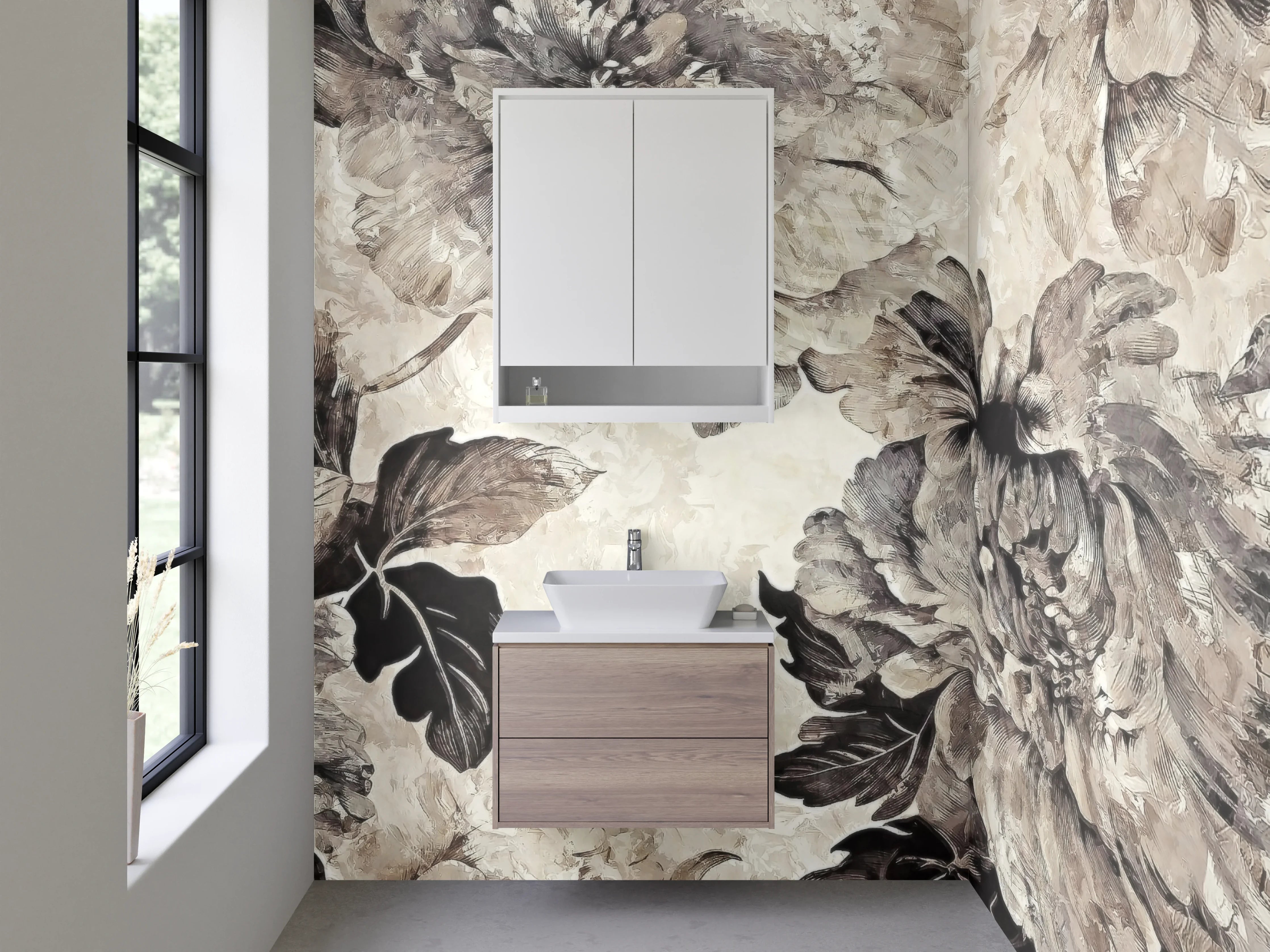 Waschbecken-Rückwand - Elegante Blumenmuster mit Grau- und Beigetönen