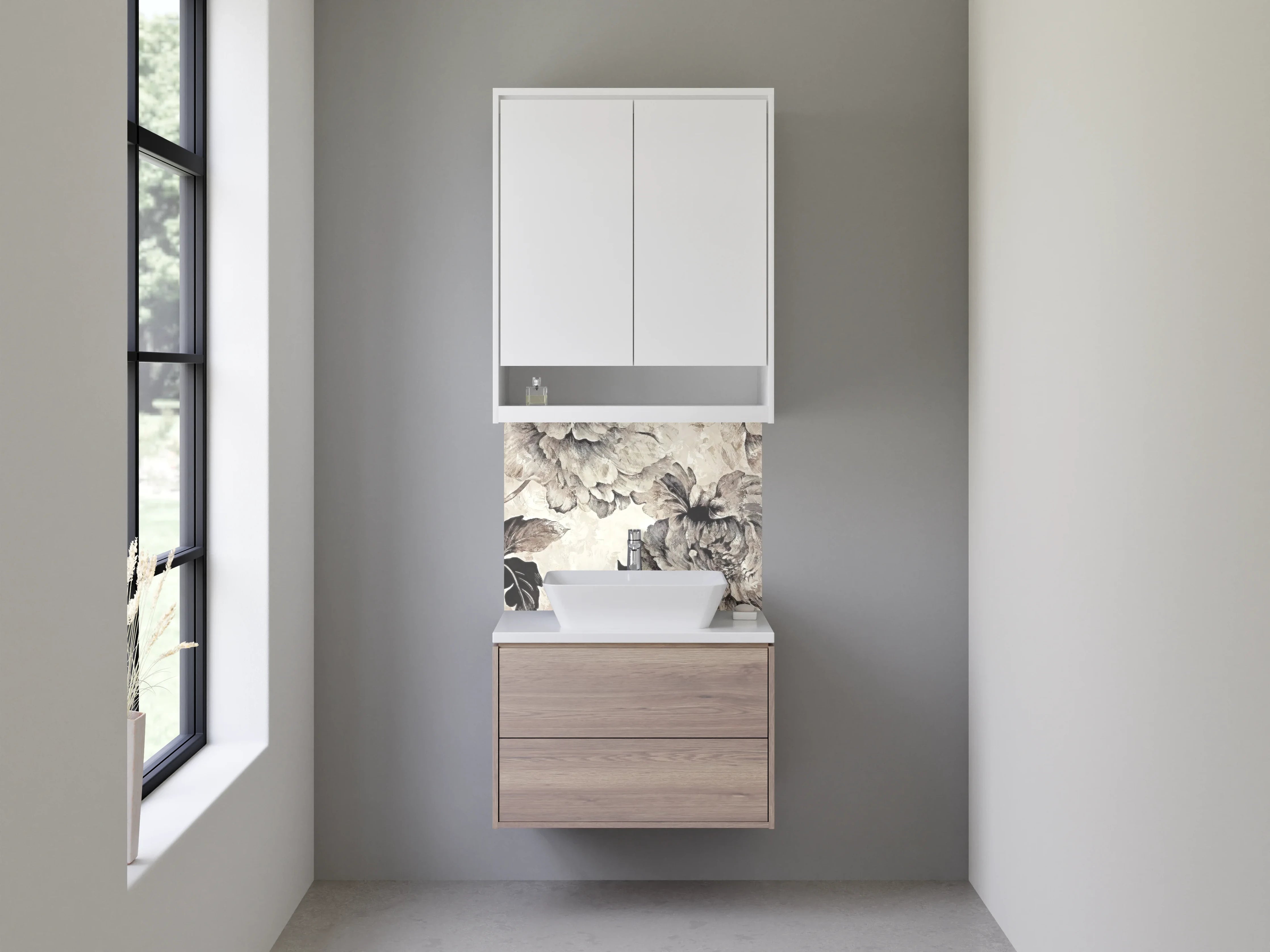 Waschbecken-Rückwand - Elegante Blumenmuster mit Grau- und Beigetönen