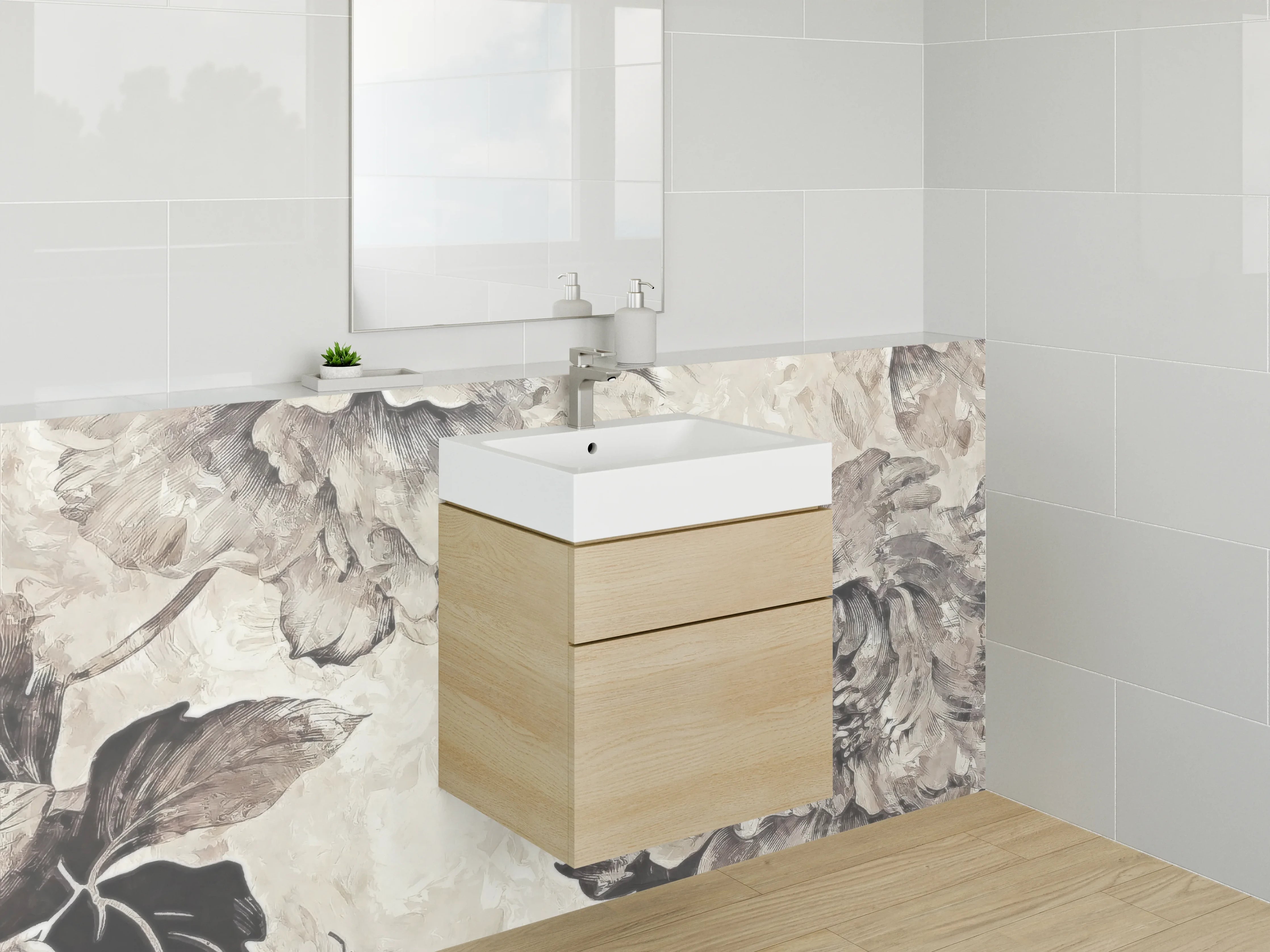 Waschbecken-Rückwand - Elegante Blumenmuster mit Grau- und Beigetönen