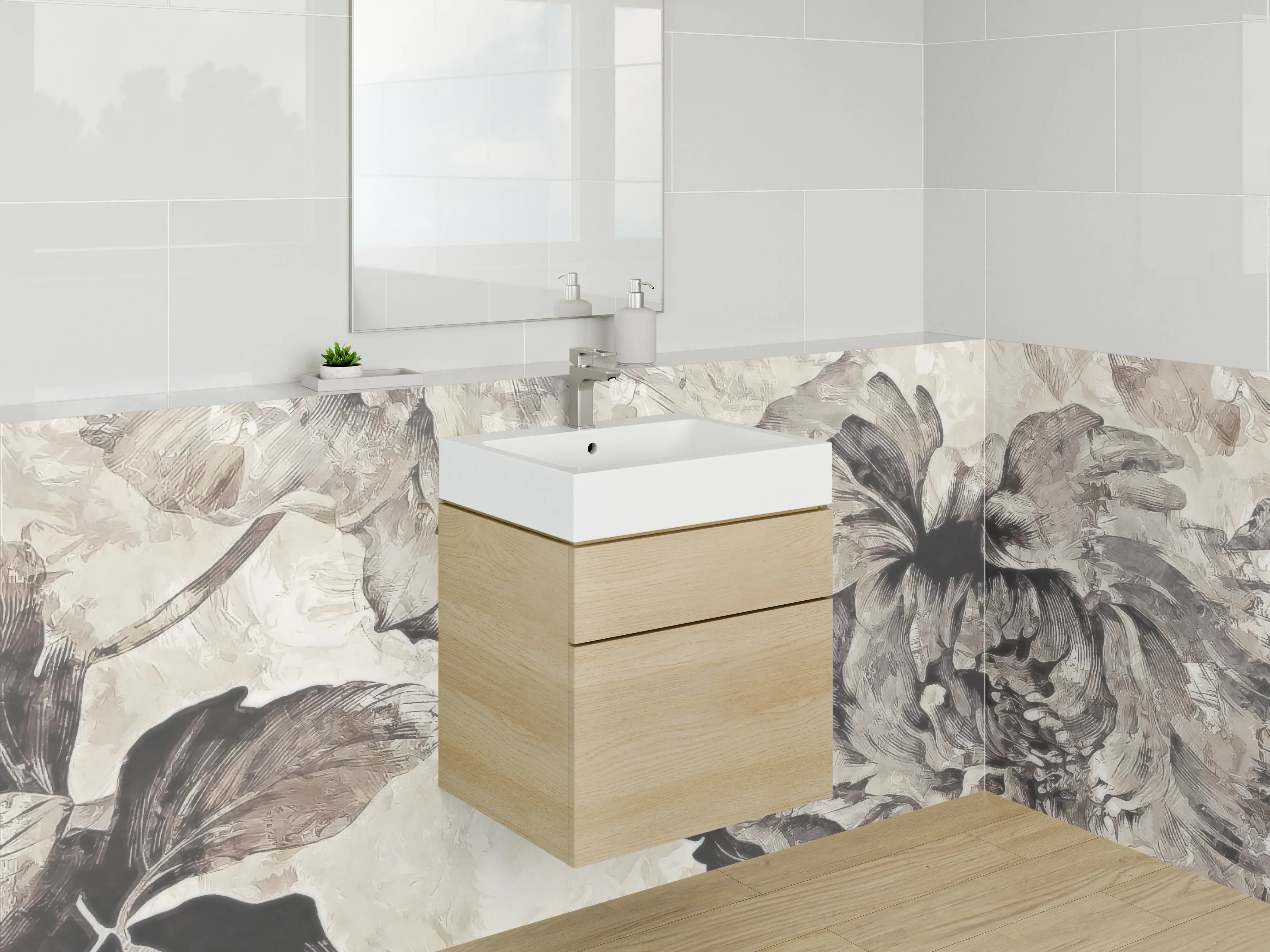 Waschbecken-Rückwand - Elegante Blumenmuster mit Grau- und Beigetönen