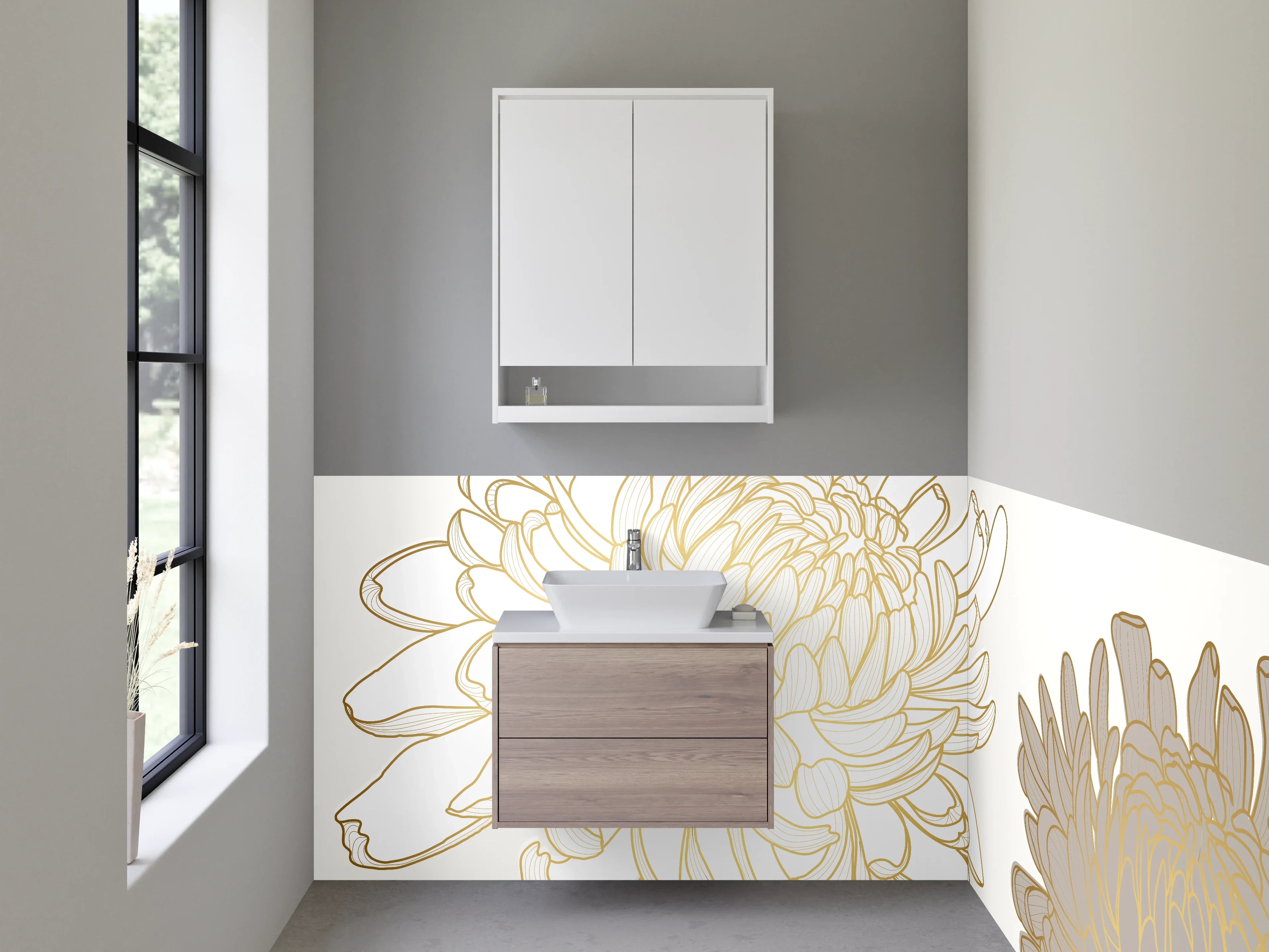 Waschbecken-Rückwand - Elegante Chrysanthemen Gold Lineart