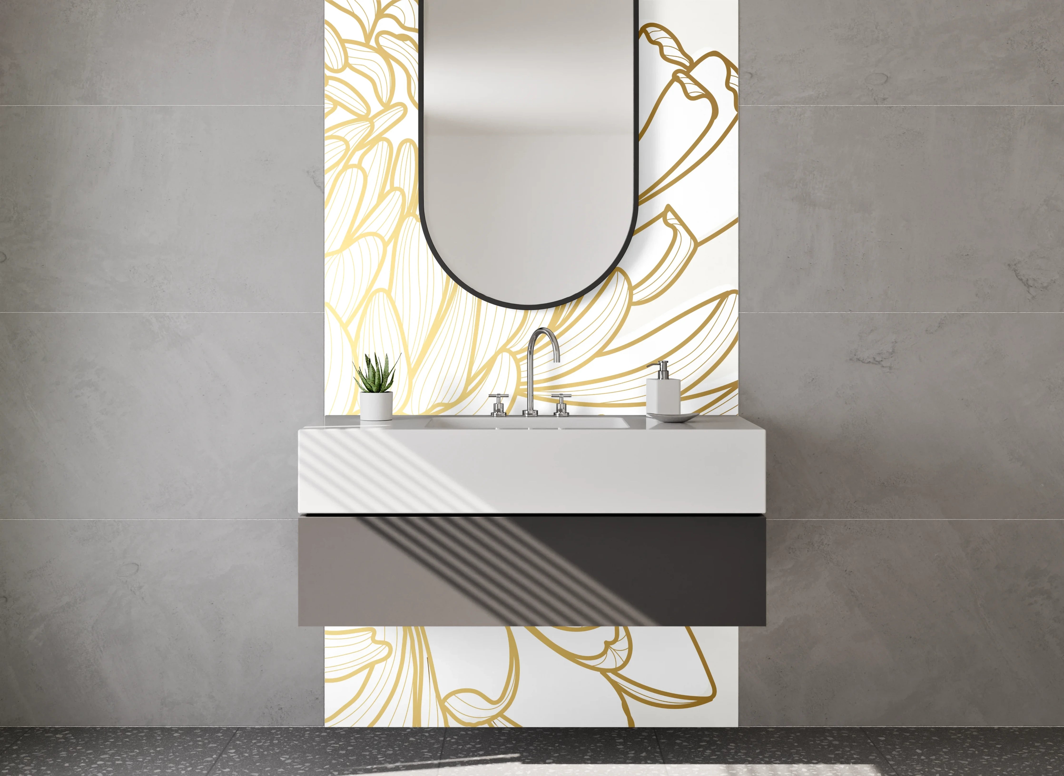Waschbecken-Rückwand - Elegante Chrysanthemen Gold Lineart