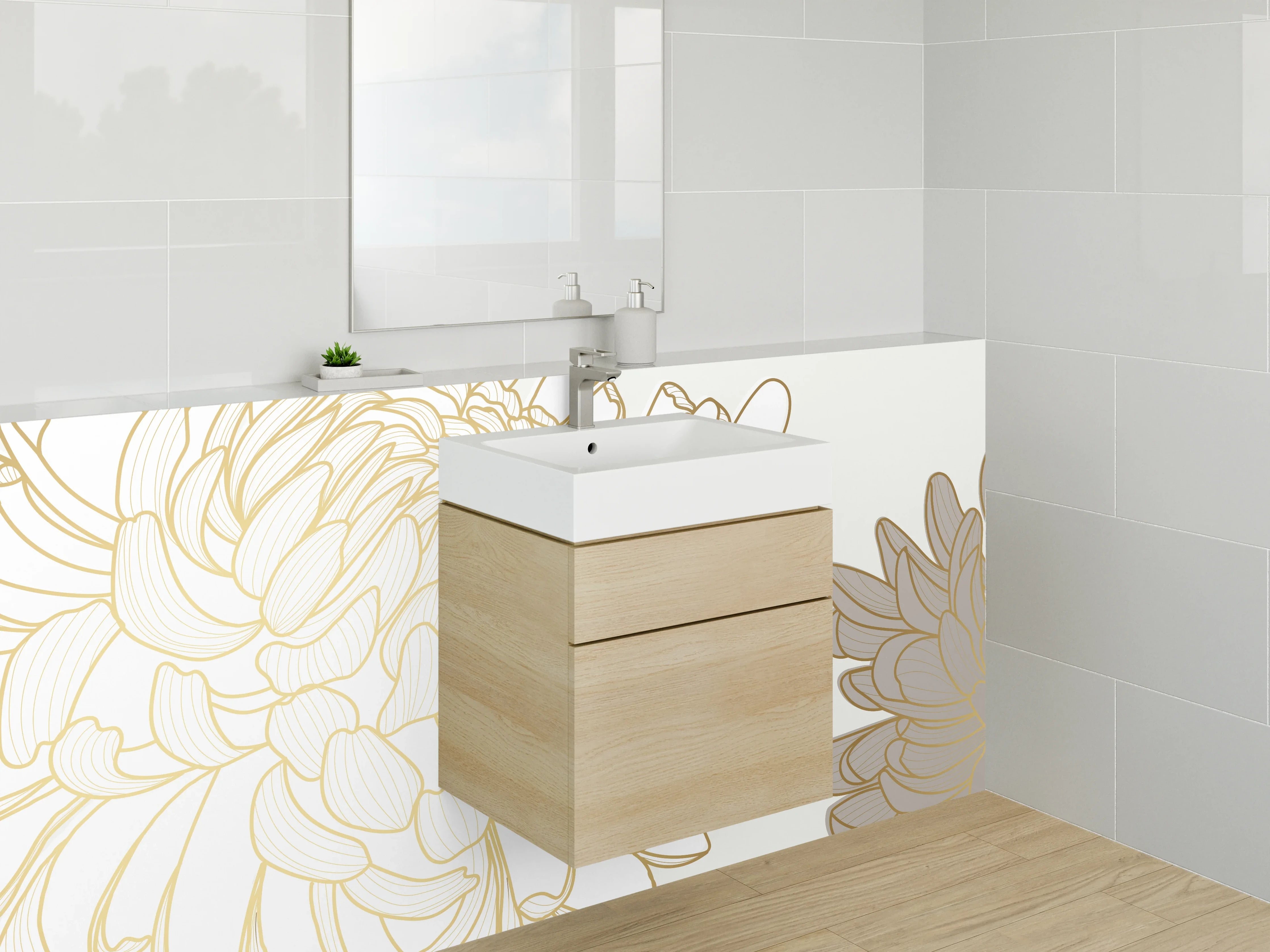 Waschbecken-Rückwand - Elegante Chrysanthemen Gold Lineart