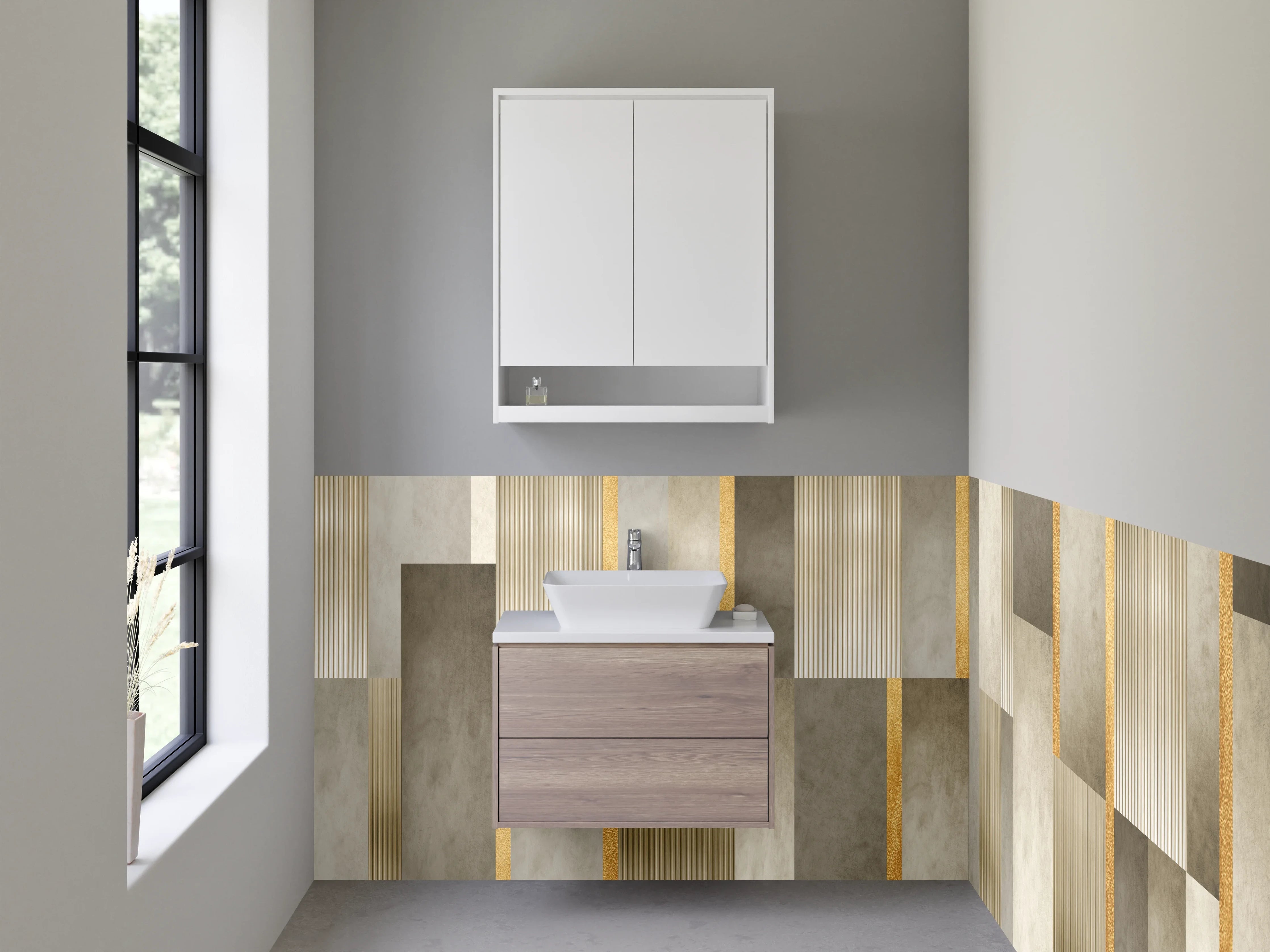 Waschbecken-Rückwand - Elegante Fliesen mit Goldakzenten