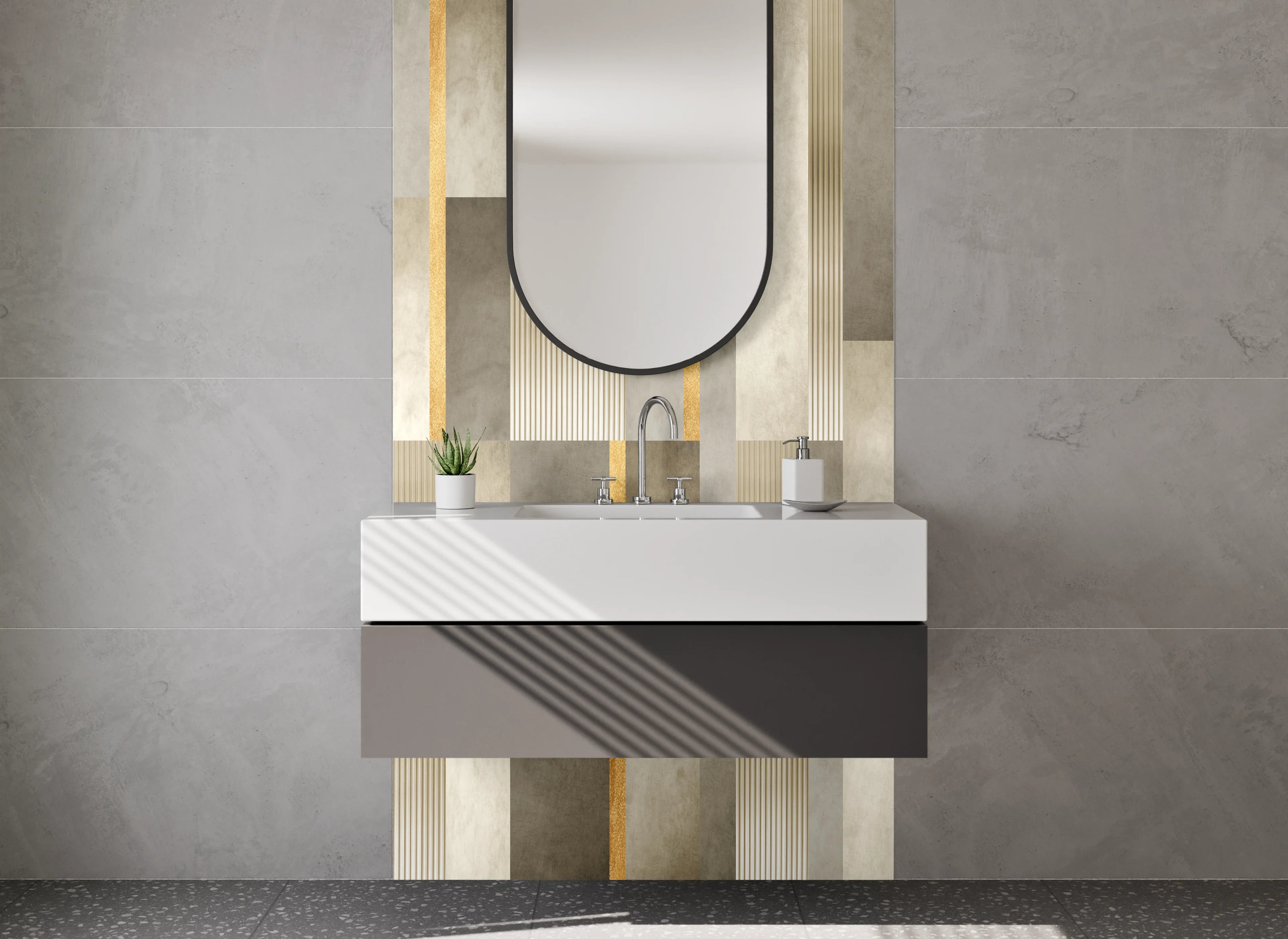 Waschbecken-Rückwand - Elegante Fliesen mit Goldakzenten