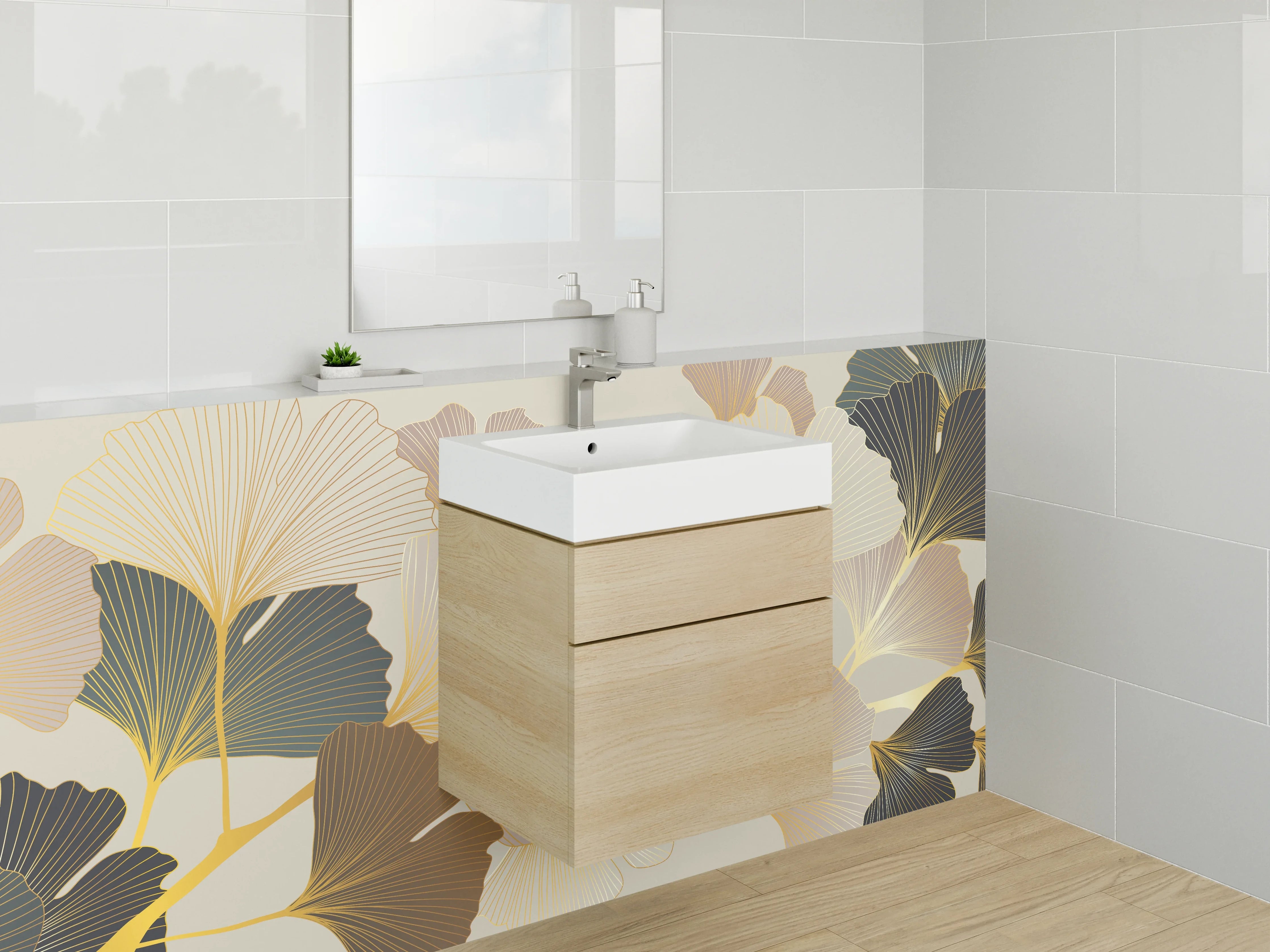 Waschbecken-Rückwand - Elegante Ginkgo-Blätter Abstrakt Design