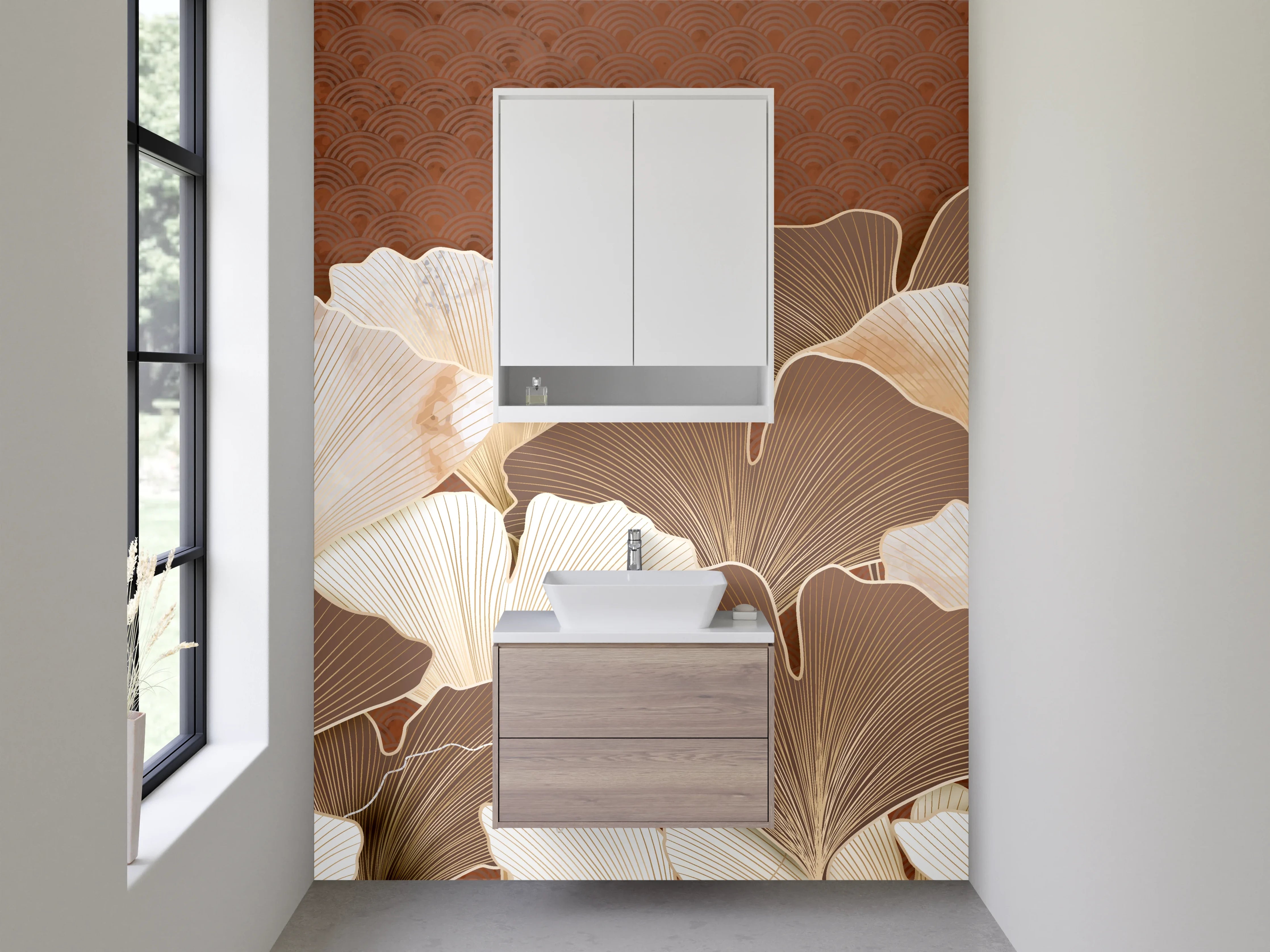 Waschbecken-Rückwand - Elegante Ginkgo-Blätter in Beige und Braun