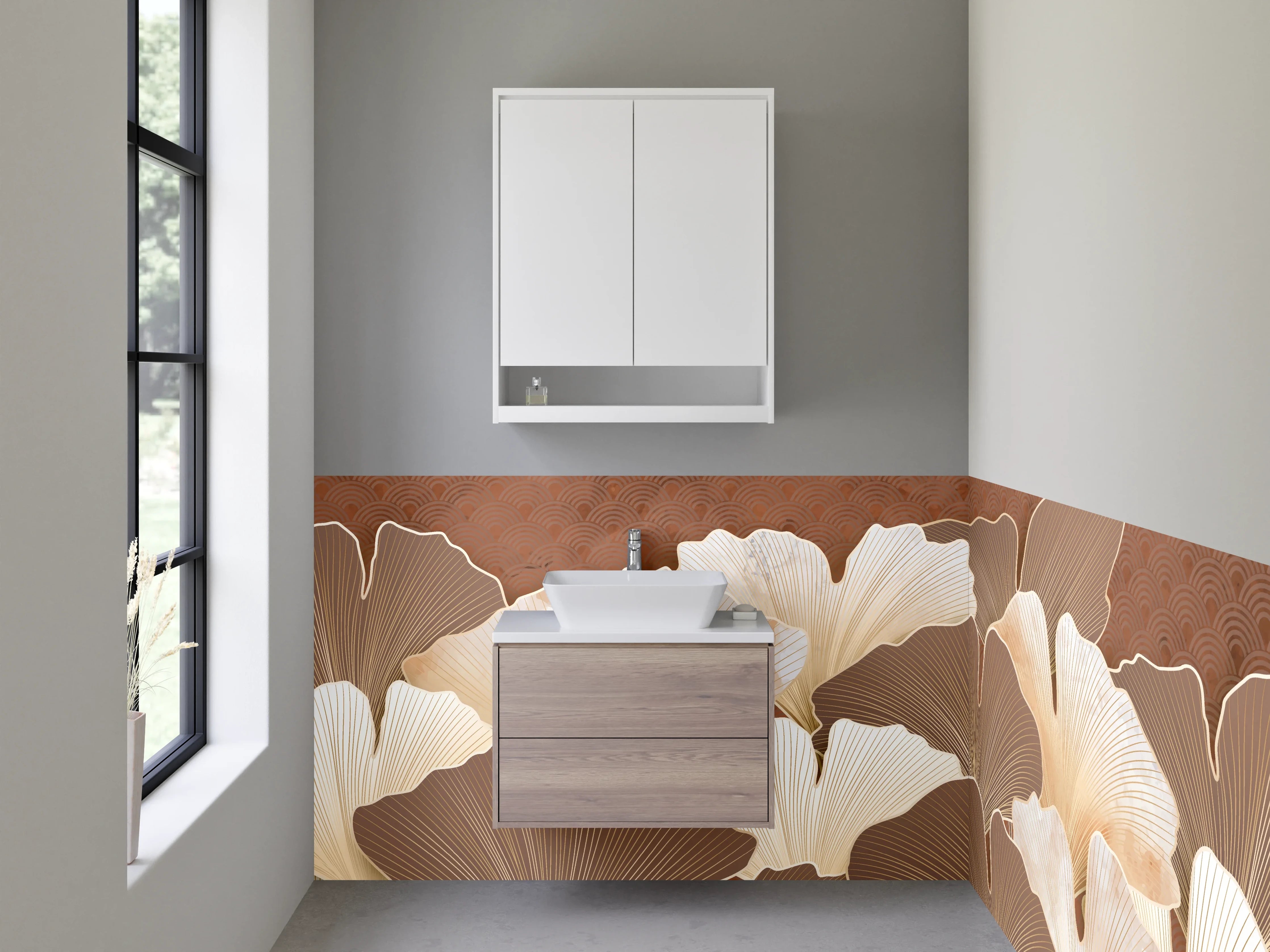 Waschbecken-Rückwand - Elegante Ginkgo-Blätter in Beige und Braun