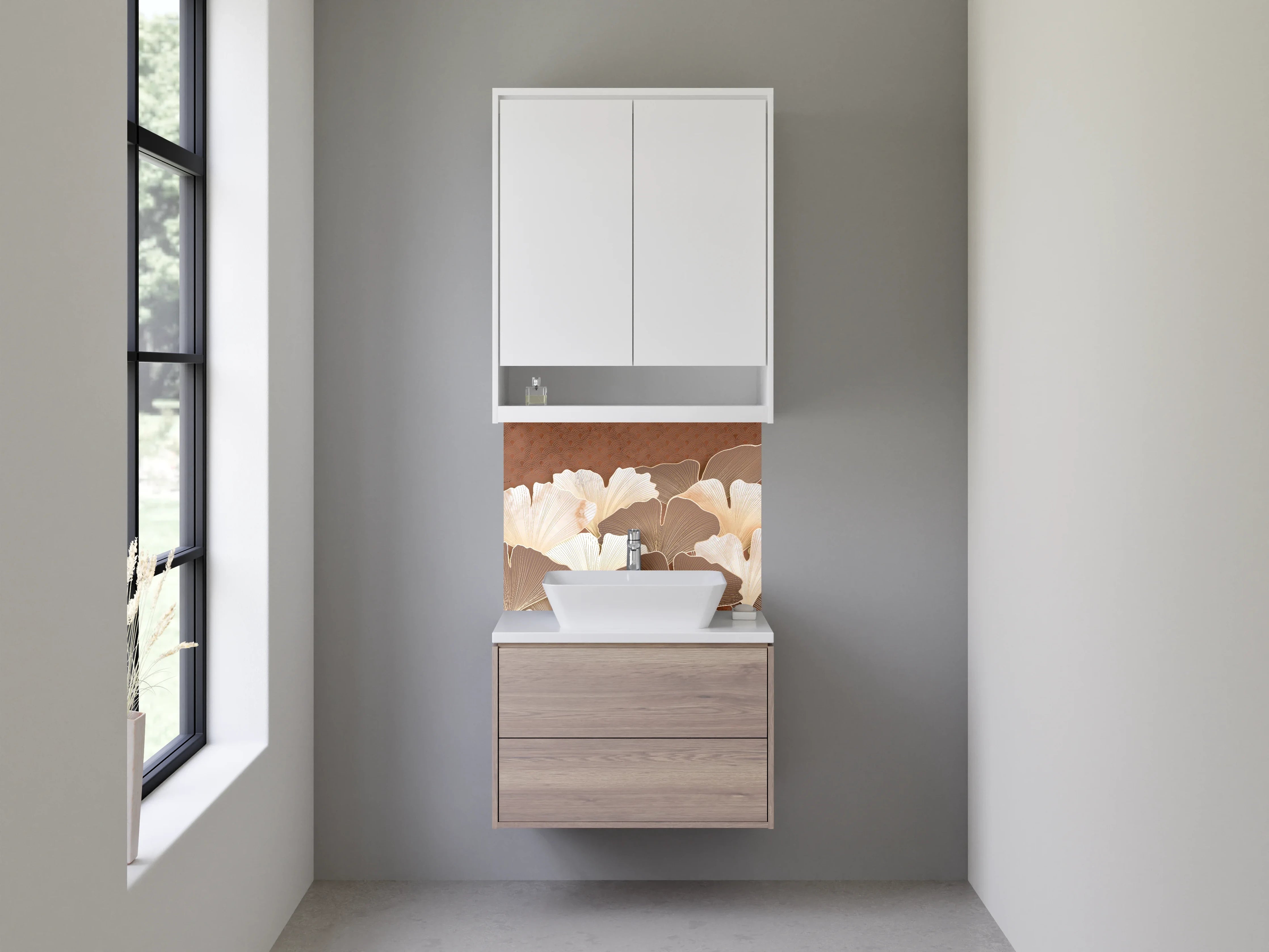 Waschbecken-Rückwand - Elegante Ginkgo-Blätter in Beige und Braun