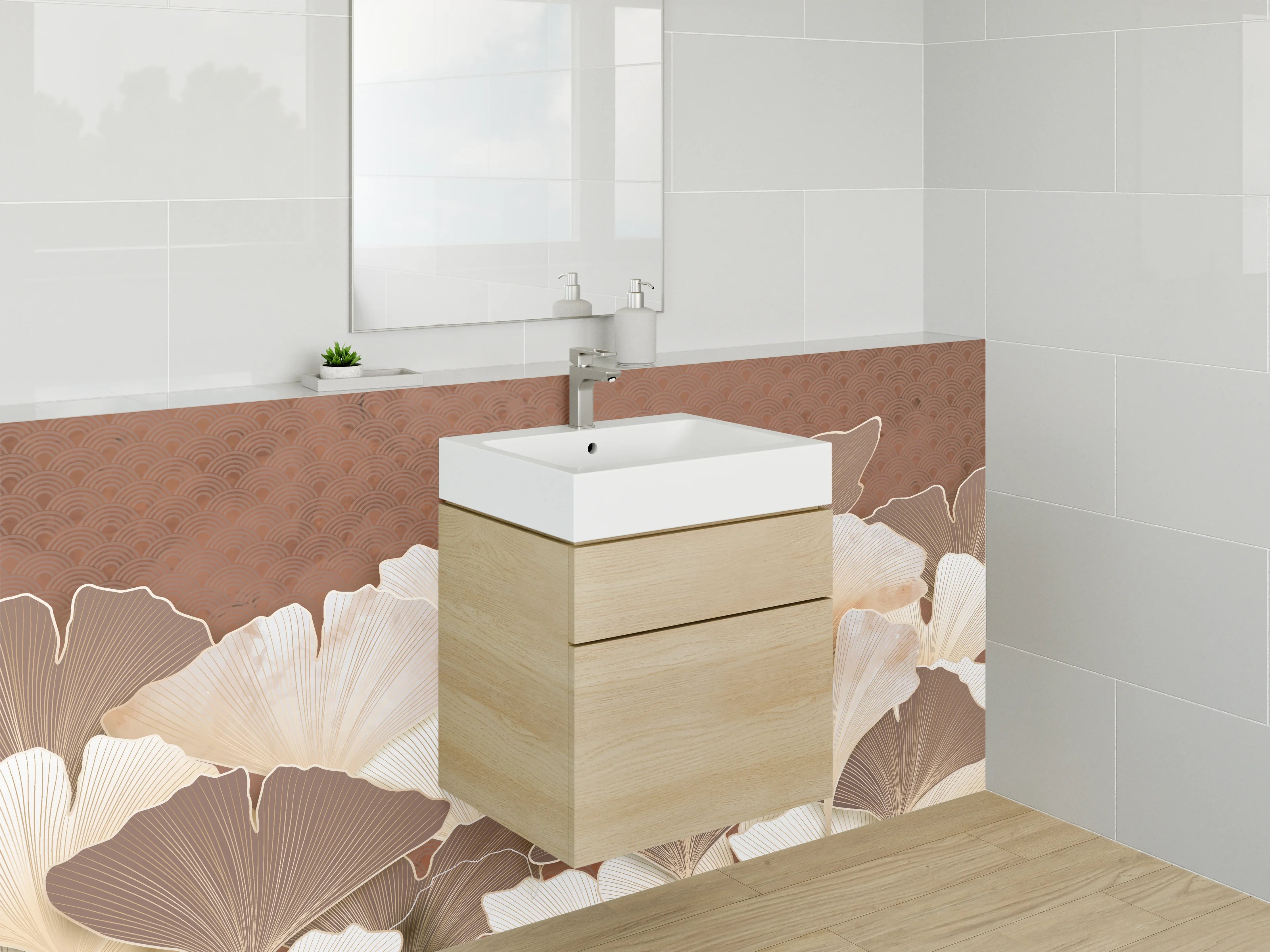 Waschbecken-Rückwand - Elegante Ginkgo-Blätter in Beige und Braun