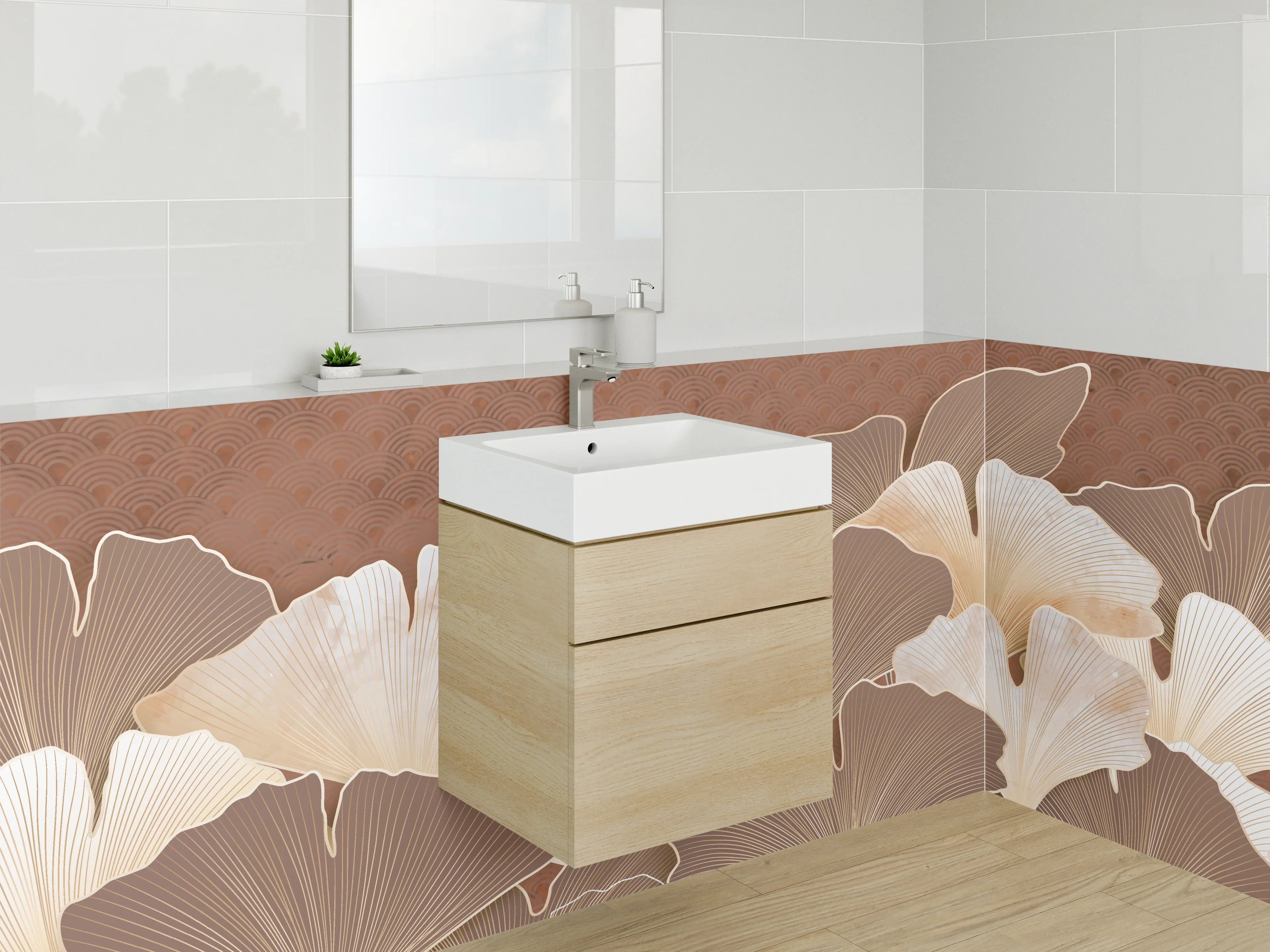 Waschbecken-Rückwand - Elegante Ginkgo-Blätter in Beige und Braun