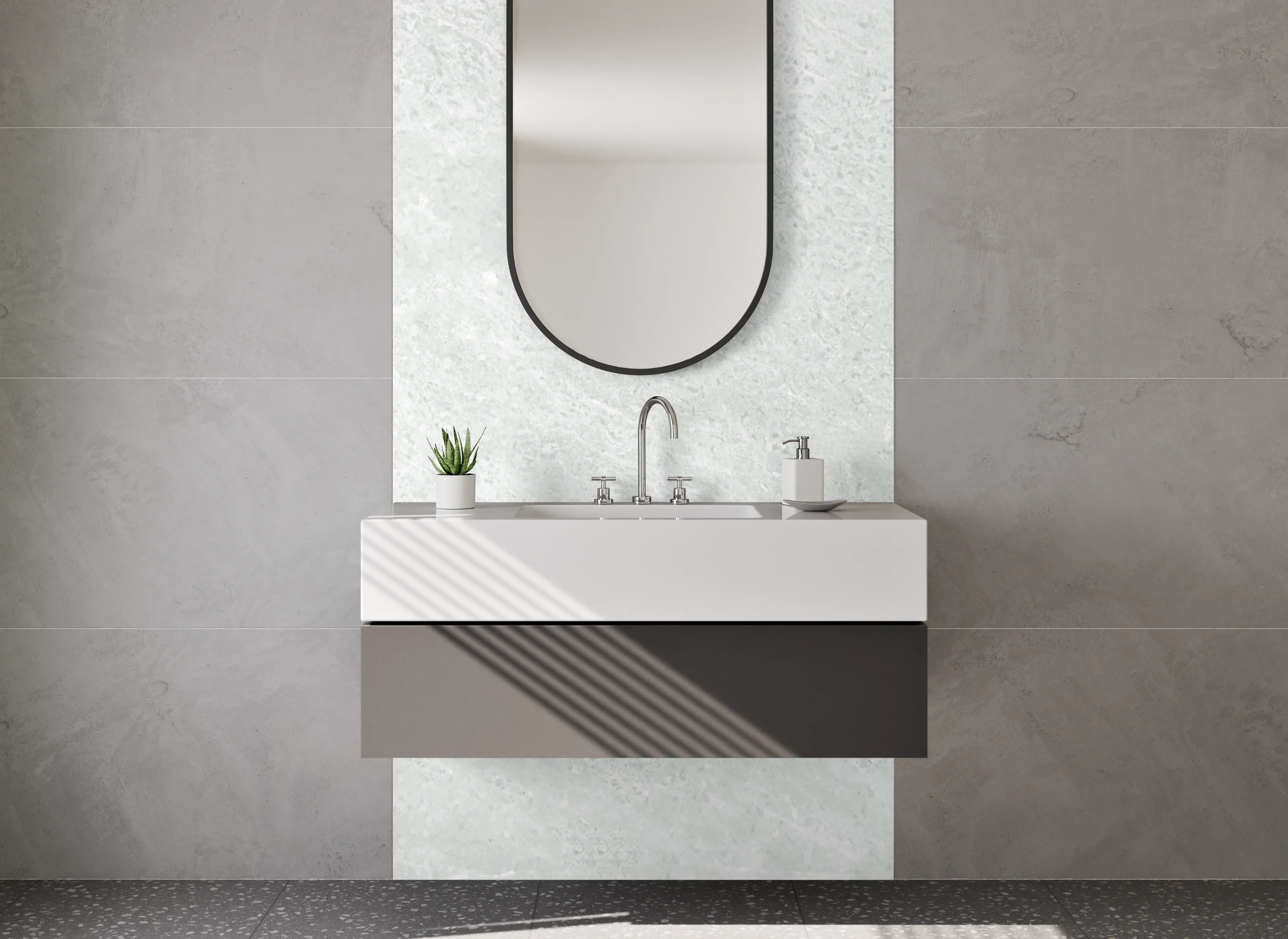 Waschbecken-Rückwand - Elegante Grauschattierungen auf weißem Marmor