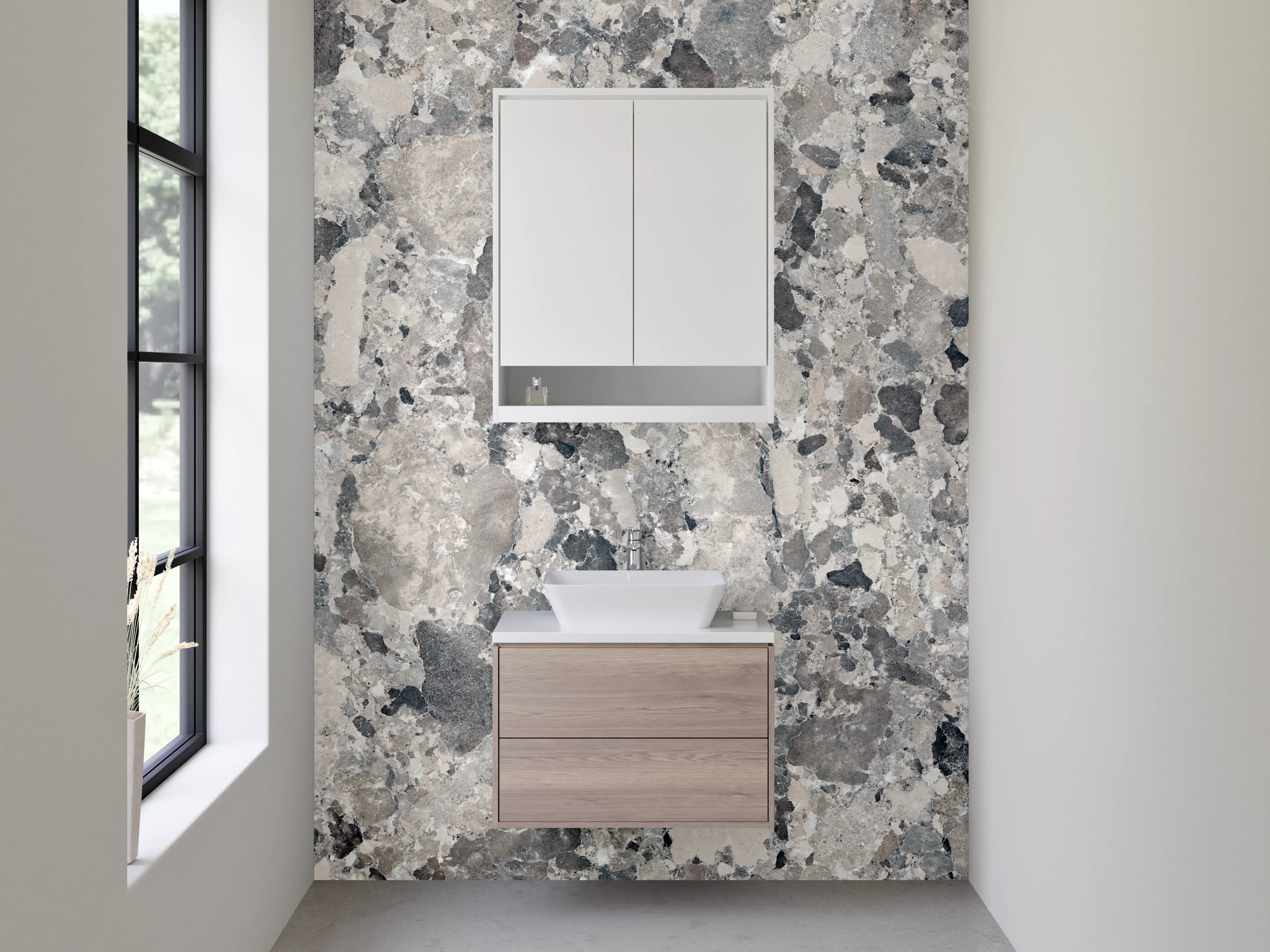 Waschbecken-Rückwand - Elegante Grauschleier auf weißem Marmor