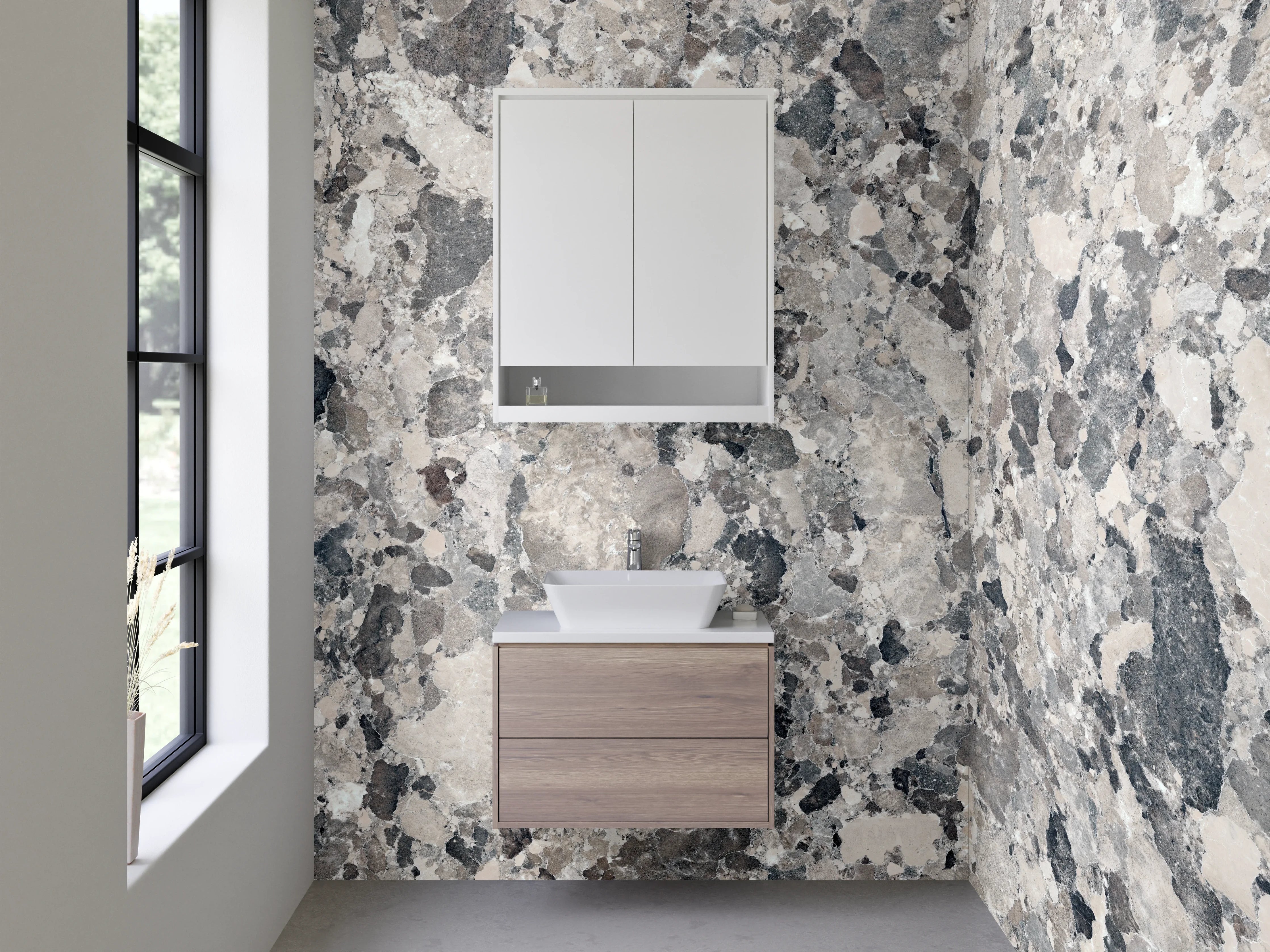 Waschbecken-Rückwand - Elegante Grauschleier auf weißem Marmor