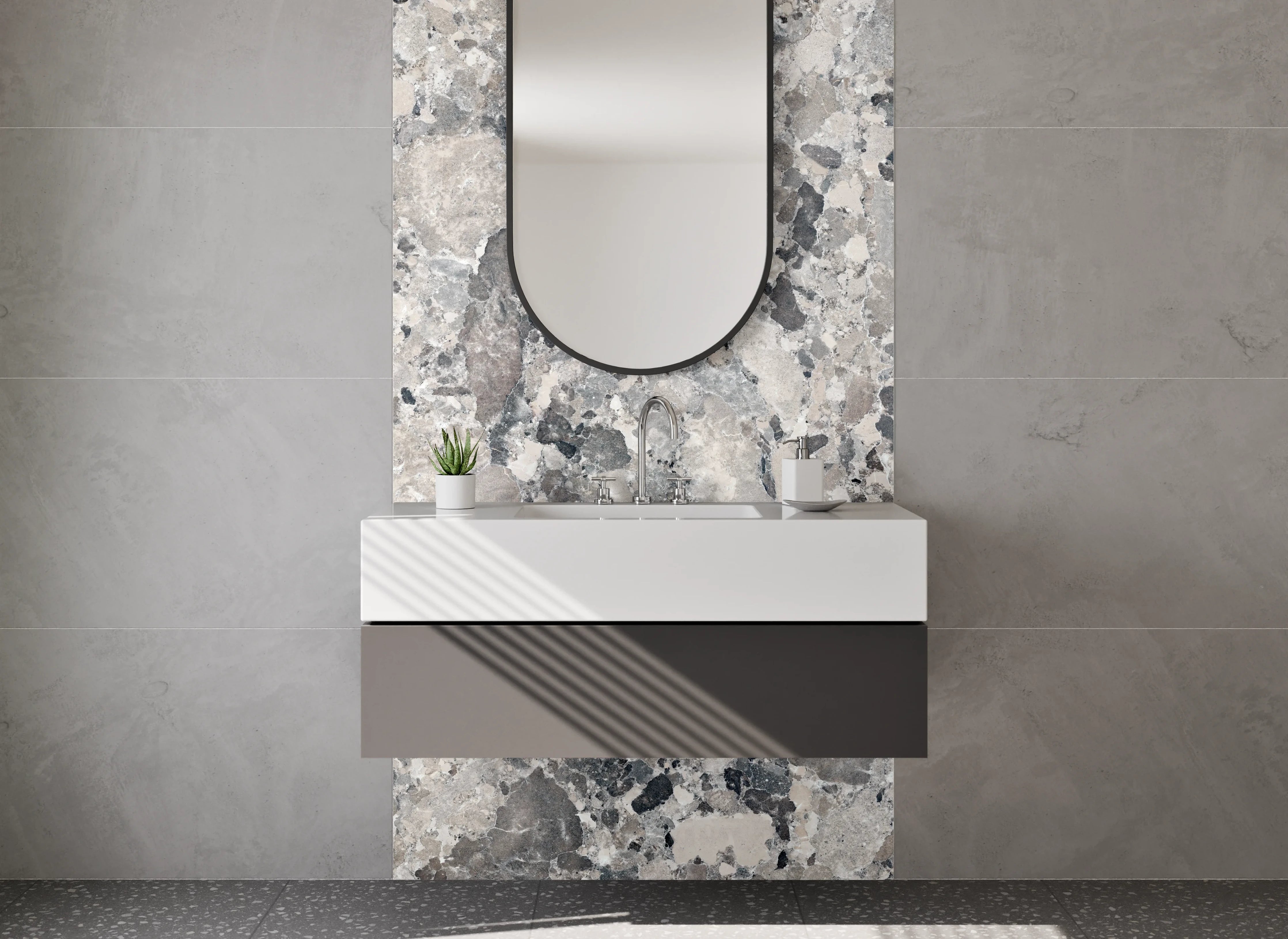 Waschbecken-Rückwand - Elegante Grauschleier auf weißem Marmor