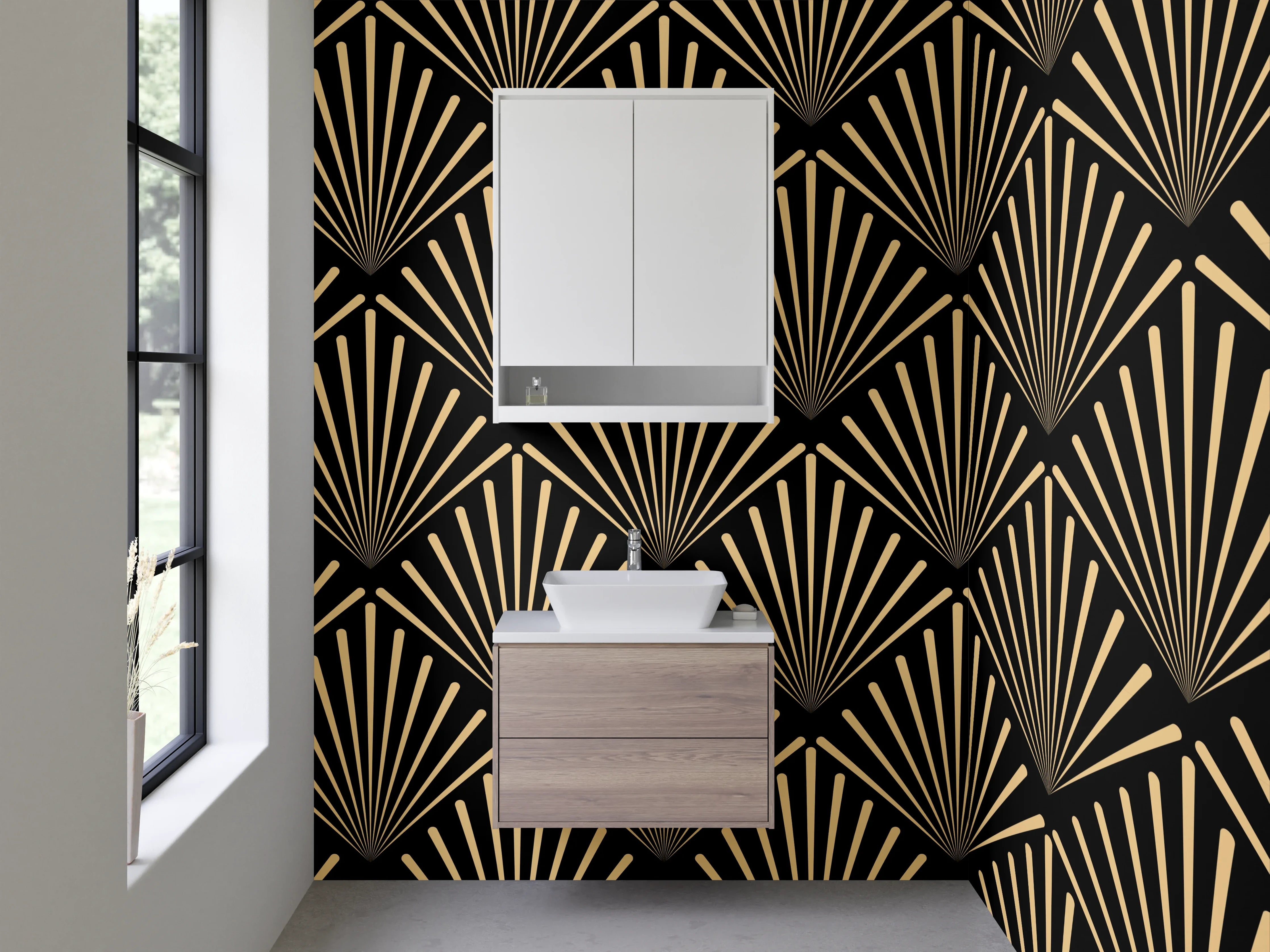 Waschbecken-Rückwand - Elegante Grautöne auf Gold Art Deco
