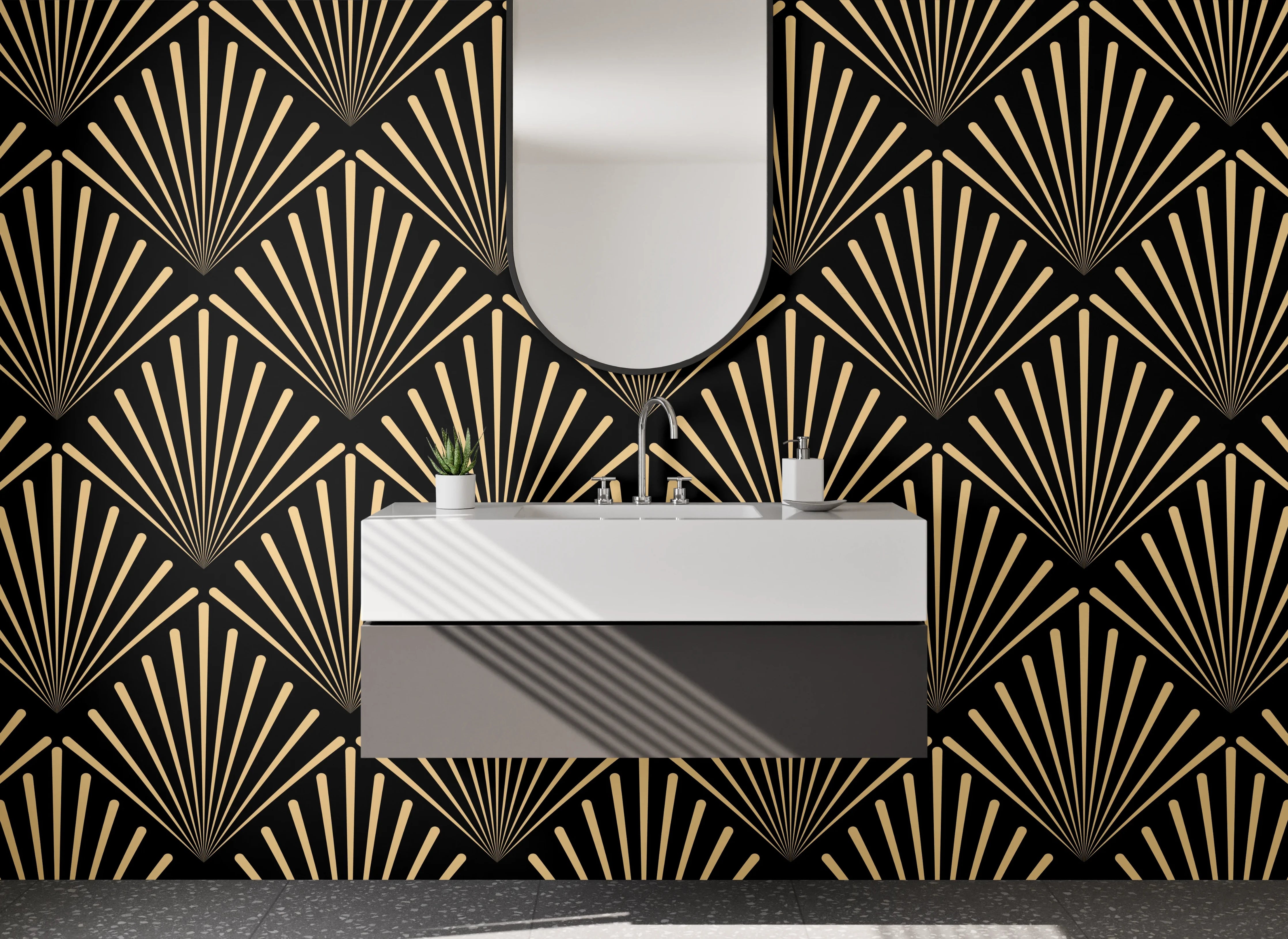 Waschbecken-Rückwand - Elegante Grautöne auf Gold Art Deco