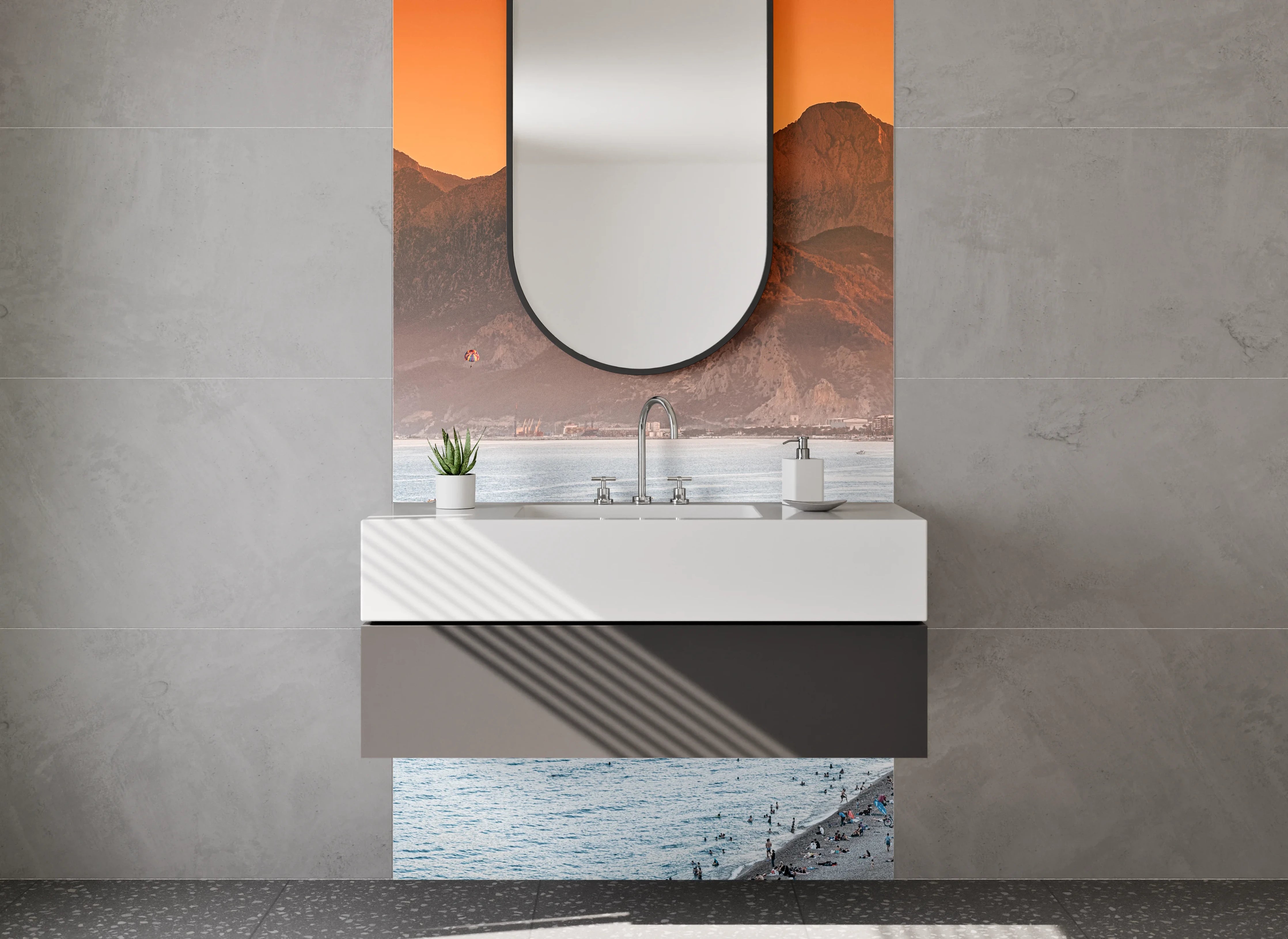 Waschbecken-Rückwand - Elegante Grauwand für modernes Bad