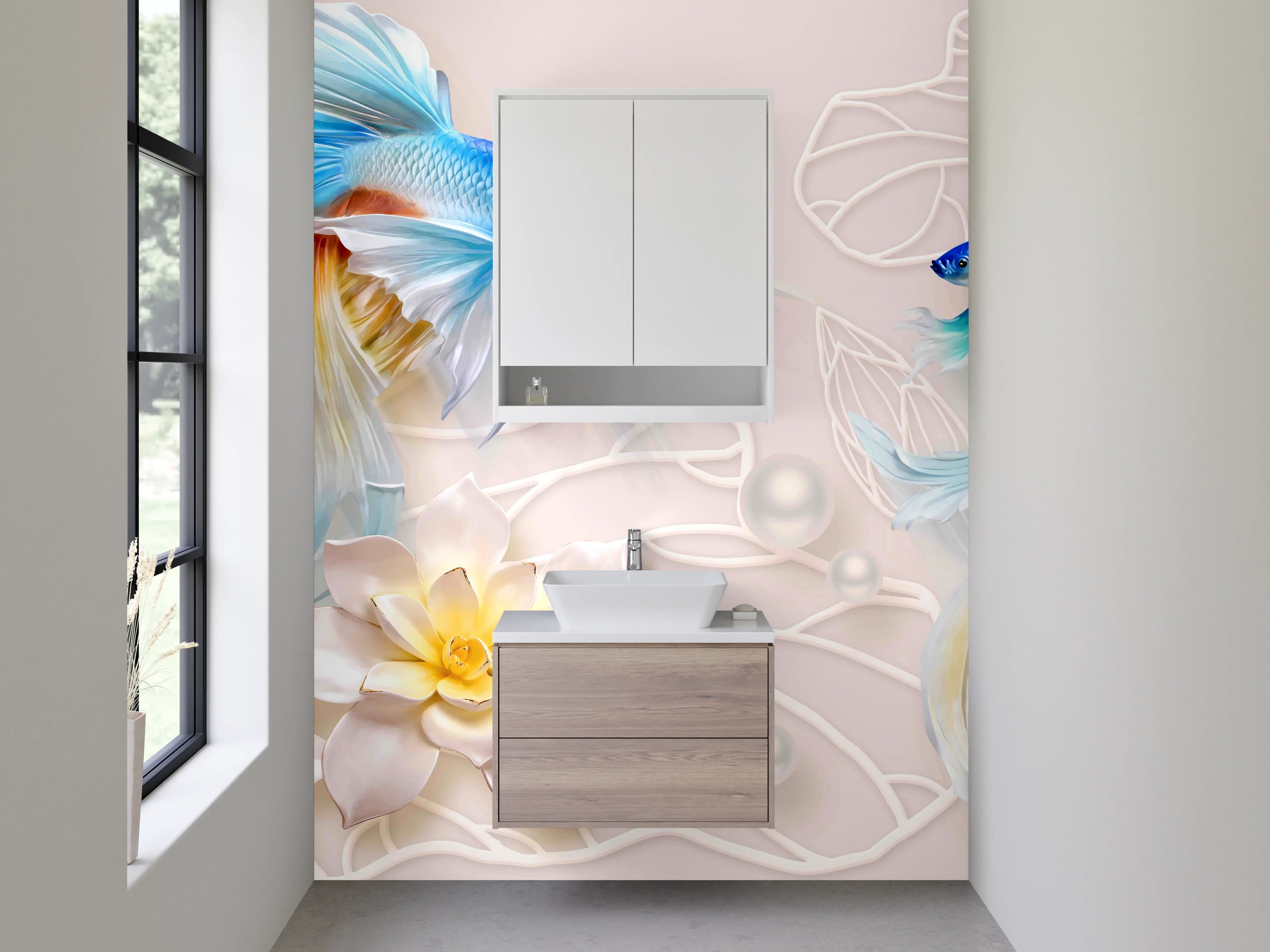 Waschbecken-Rückwand - Elegante Koi-Fische mit Blütenmotiv