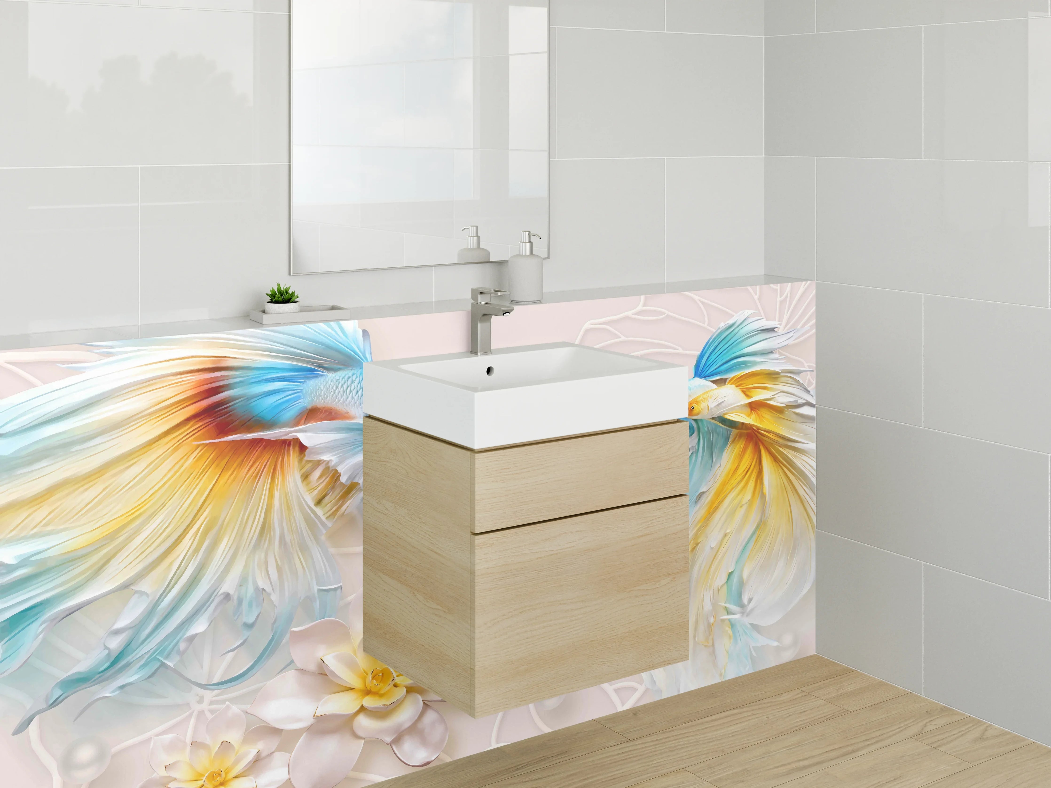 Waschbecken-Rückwand - Elegante Koi-Fische mit Blütenmotiv