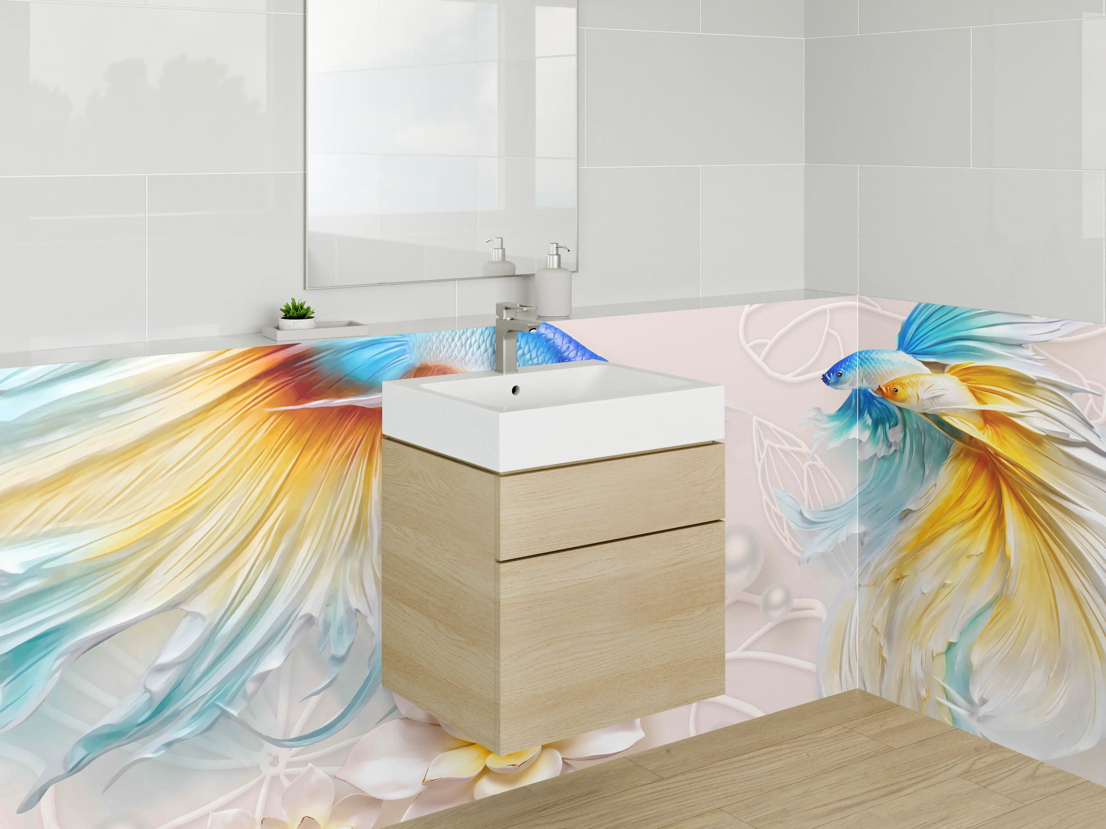 Waschbecken-Rückwand - Elegante Koi-Fische mit Blütenmotiv