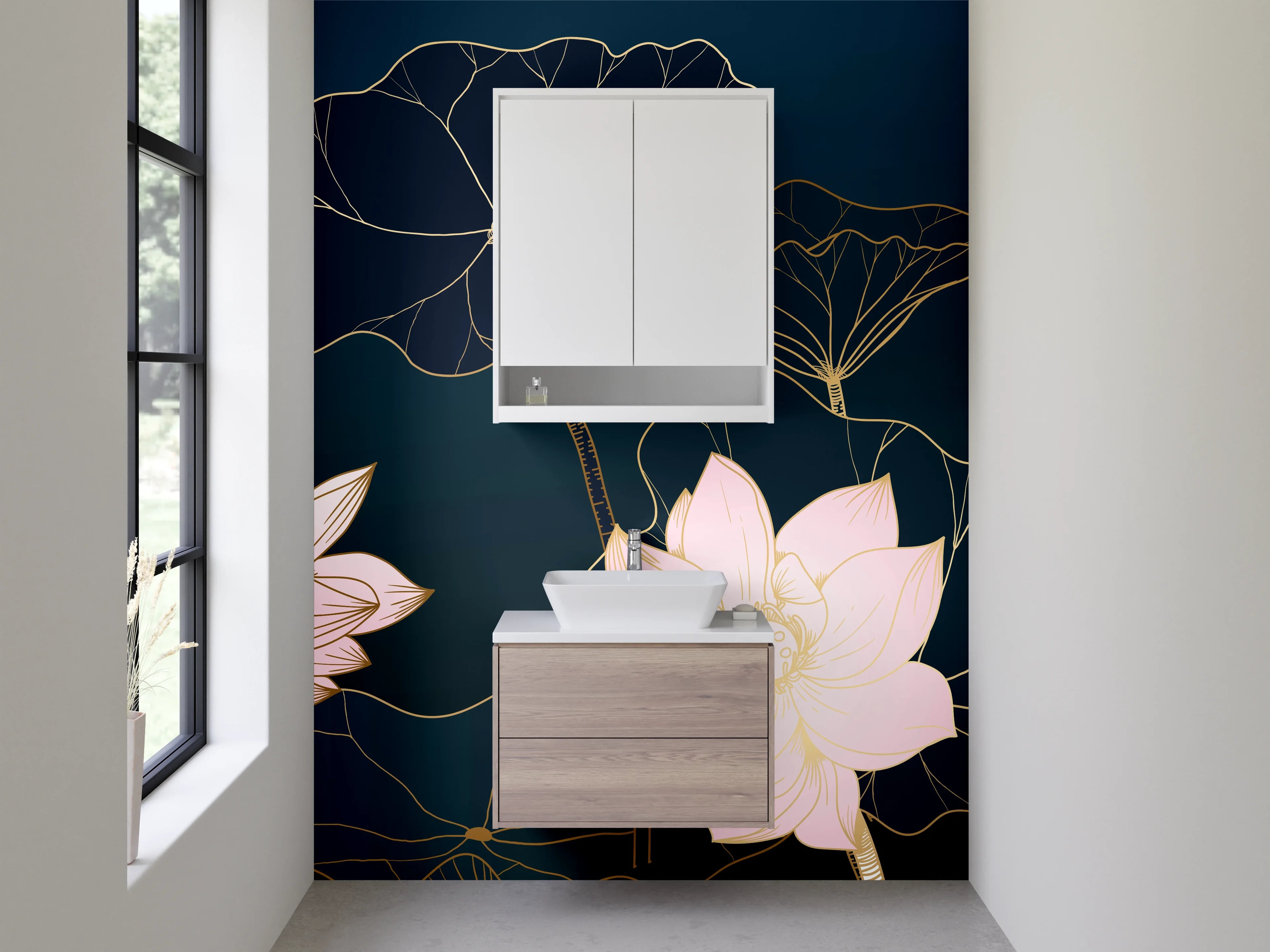 Waschbecken-Rückwand - Elegante Lotus Blumen Zeichnung Dunkelblau