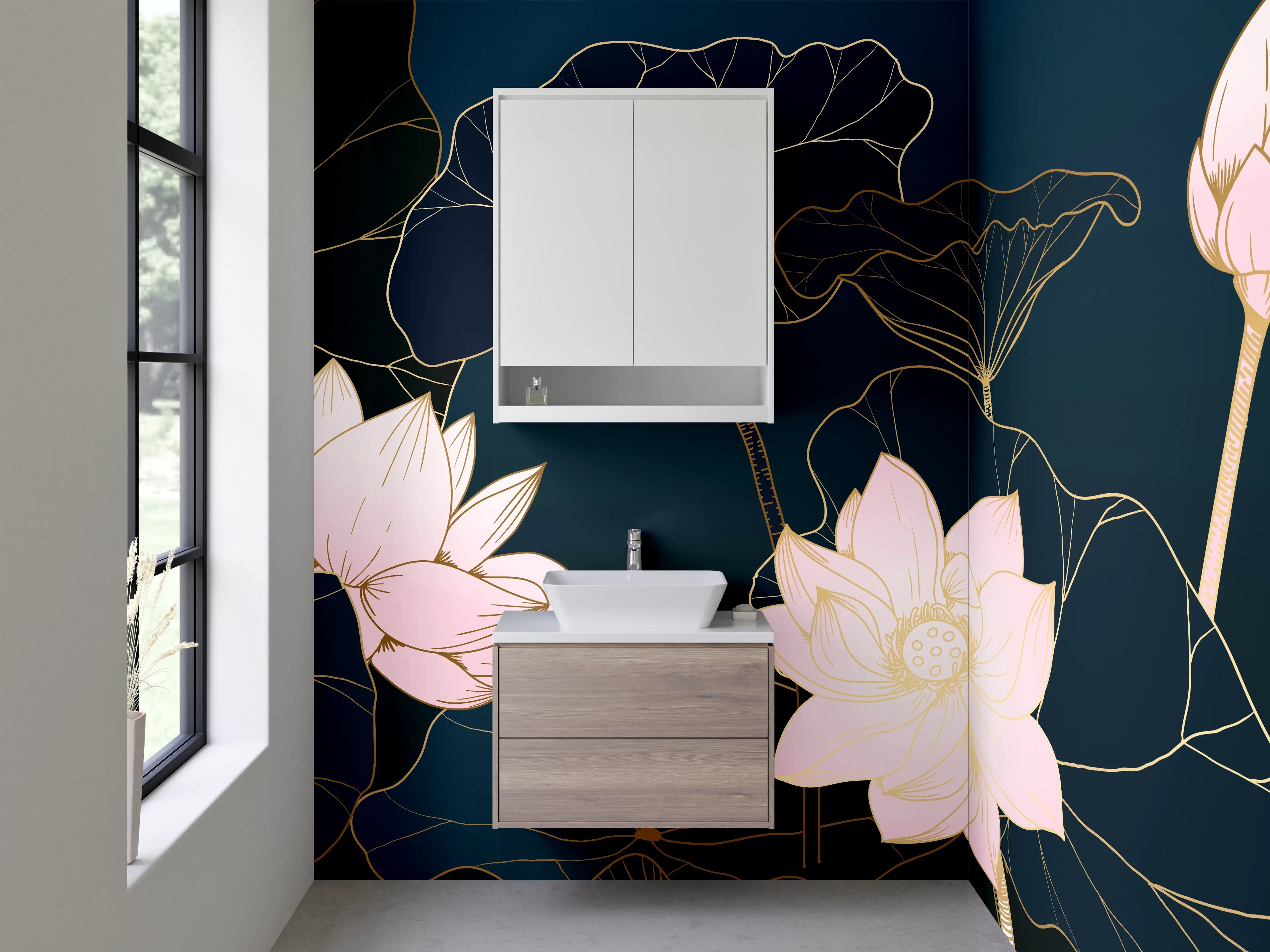 Waschbecken-Rückwand - Elegante Lotus Blumen Zeichnung Dunkelblau