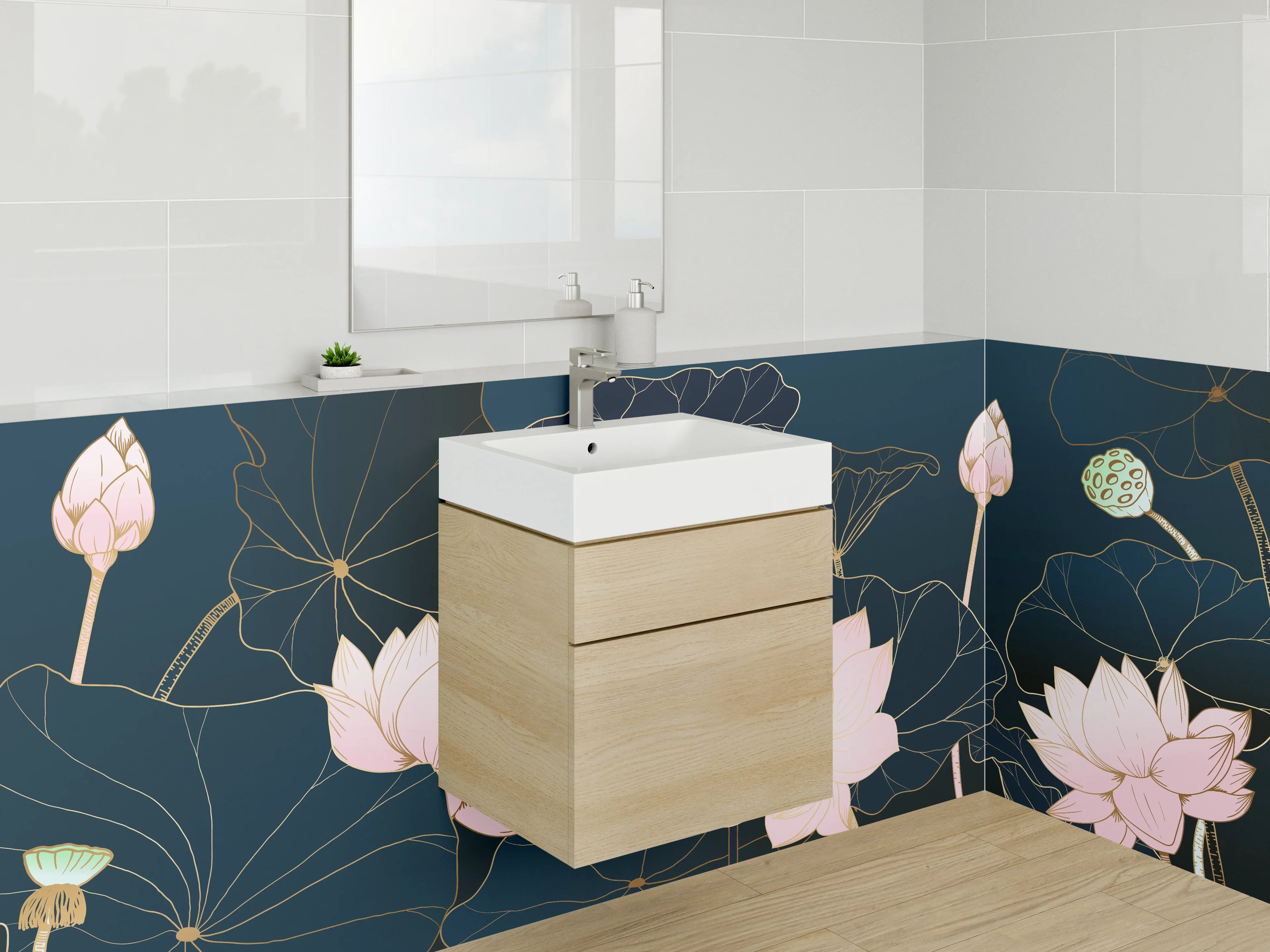 Waschbecken-Rückwand - Elegante Lotus Blumen Zeichnung Dunkelblau