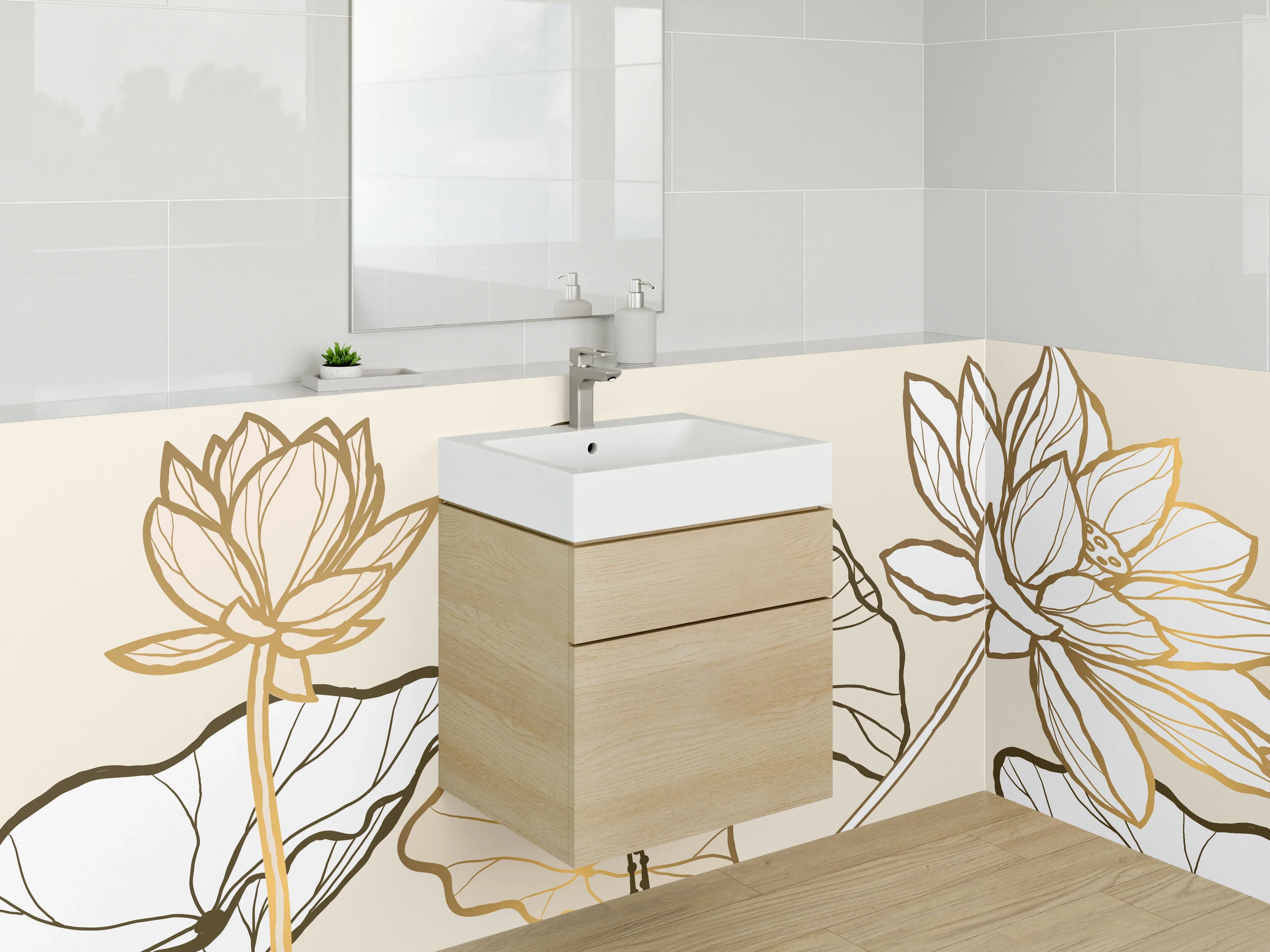 Waschbecken-Rückwand - Elegante Lotus Lineart Illustration Gold