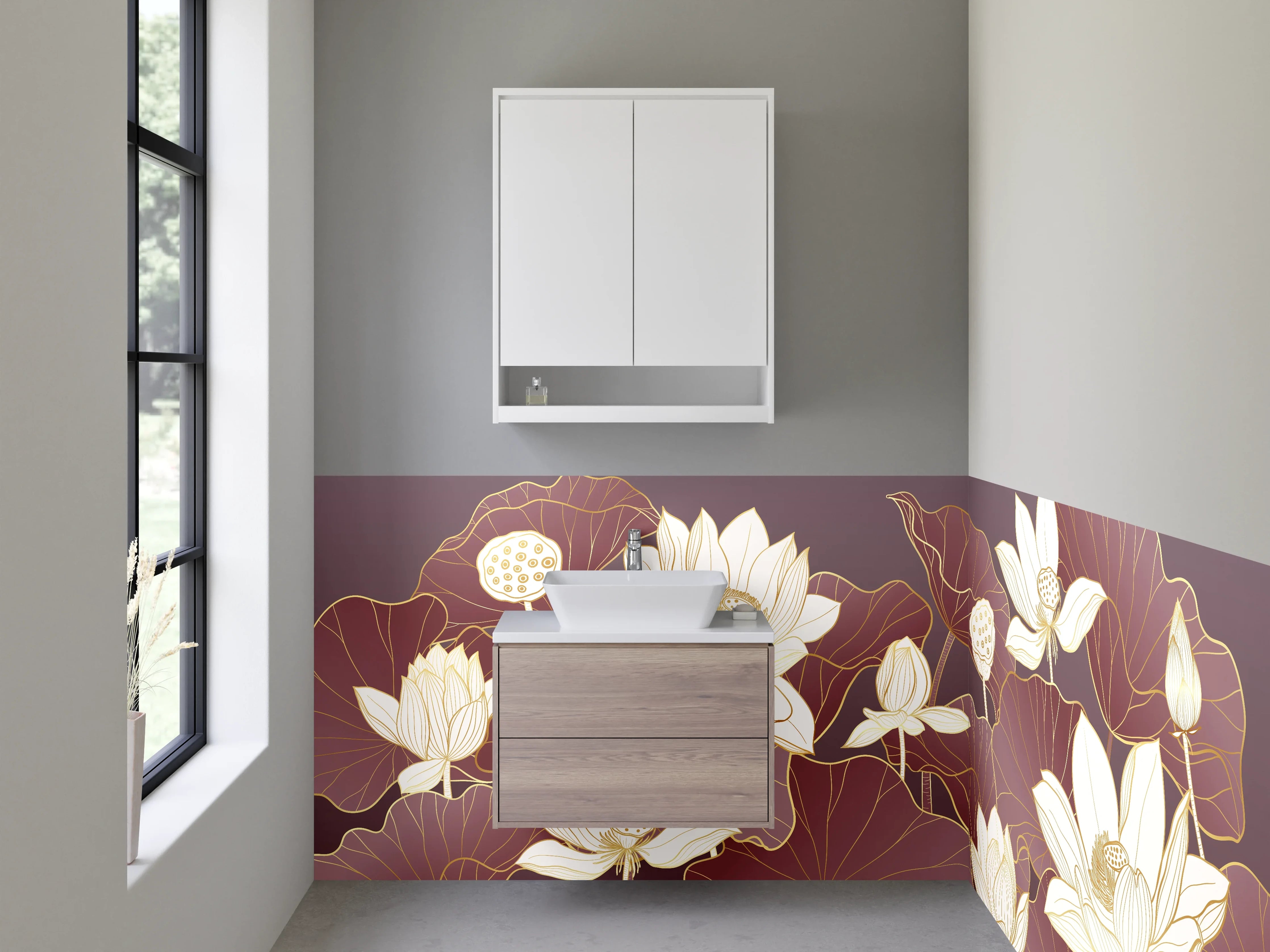 Waschbecken-Rückwand - Elegante Lotusblüten Illustration Beige-Braun