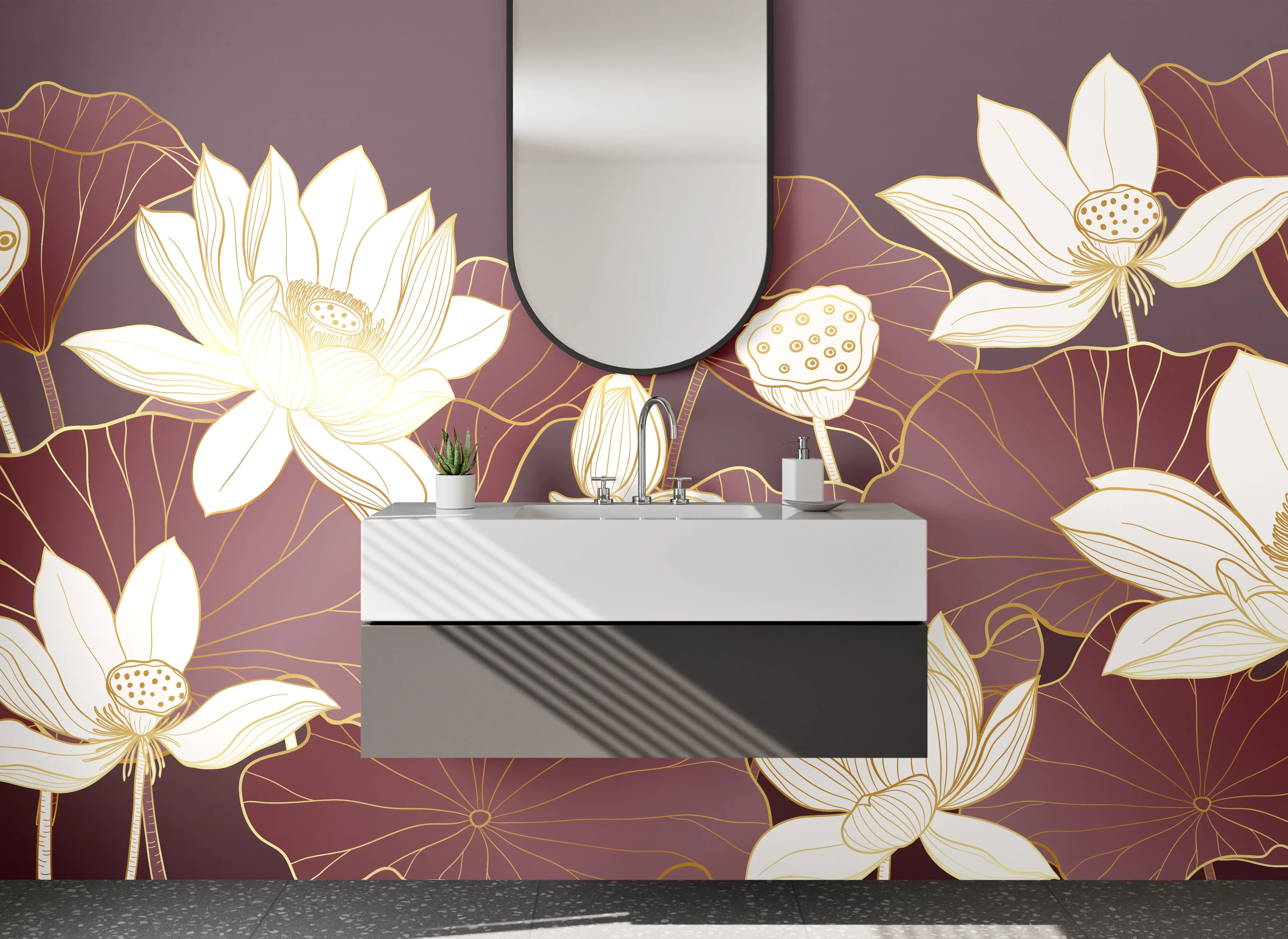 Waschbecken-Rückwand - Elegante Lotusblüten Illustration Beige-Braun